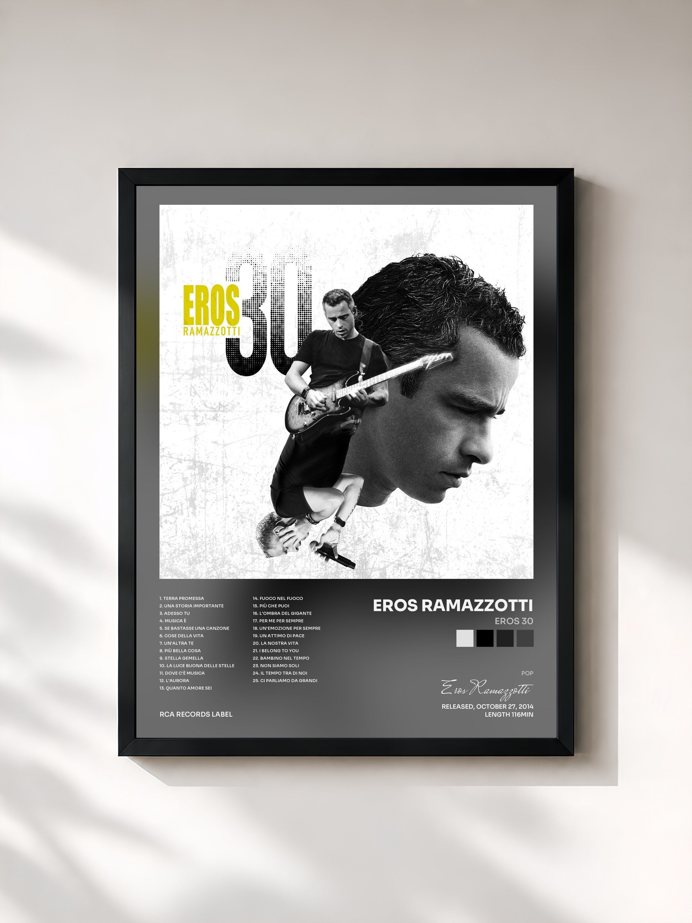 #noir Tableau de l'album Eros 30 de Eros Ramazzotti, cadre noir, imprimé et encadré en France