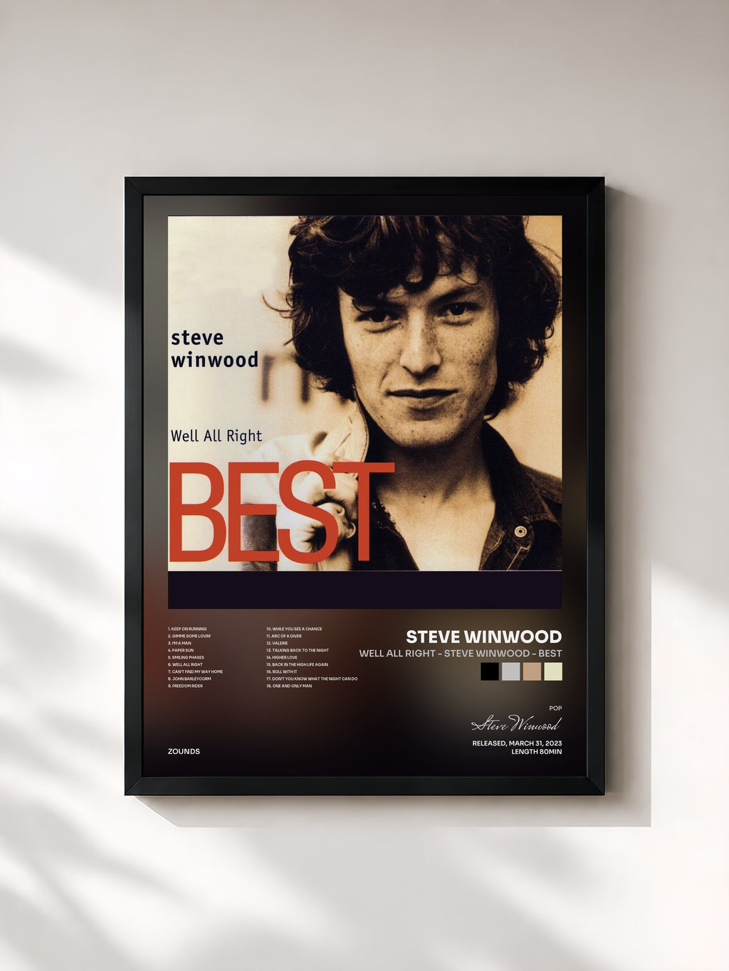 #noir Tableau de l'album Well All Right - Steve Winwood - Best de Steve Winwood, cadre noir, imprimé et encadré en France