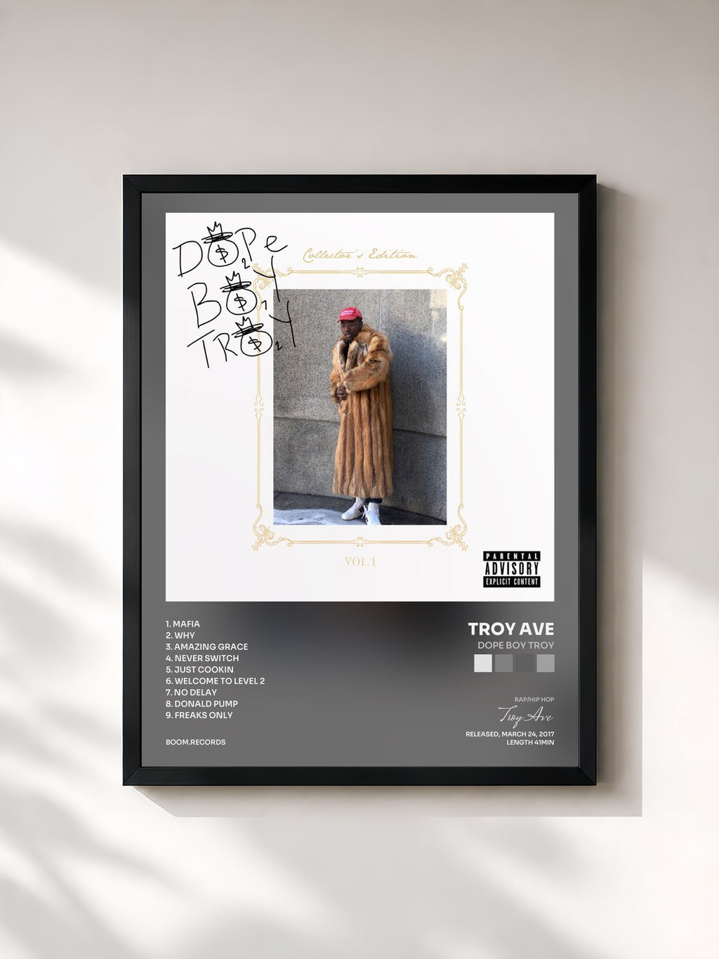 #noir Tableau de l'album Dope Boy Troy de Troy Ave, cadre noir, imprimé et encadré en France