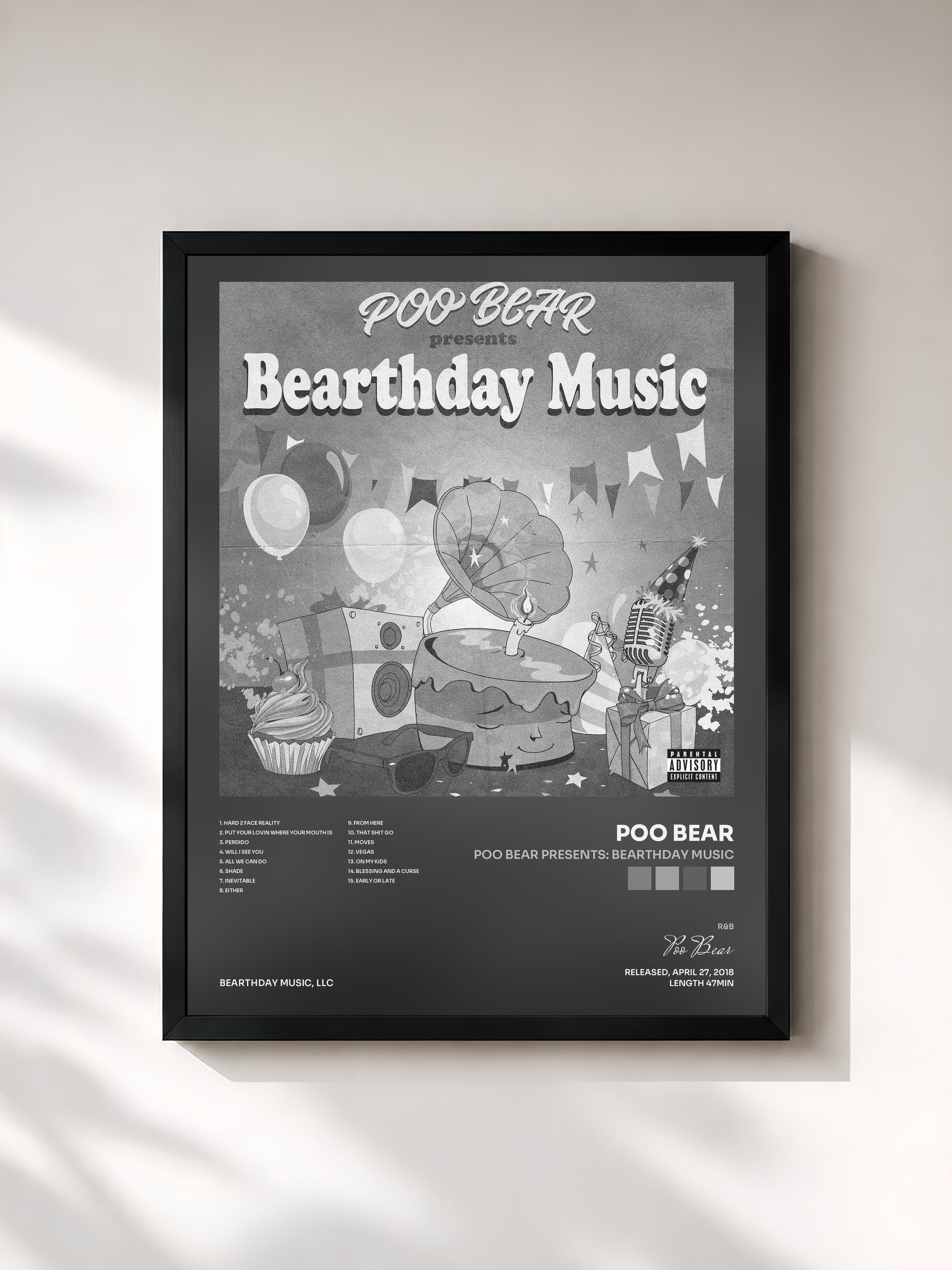 #noir Tableau de l'album Poo Bear Presents: Bearthday Music de Poo Bear, cadre noir, imprimé et encadré en France