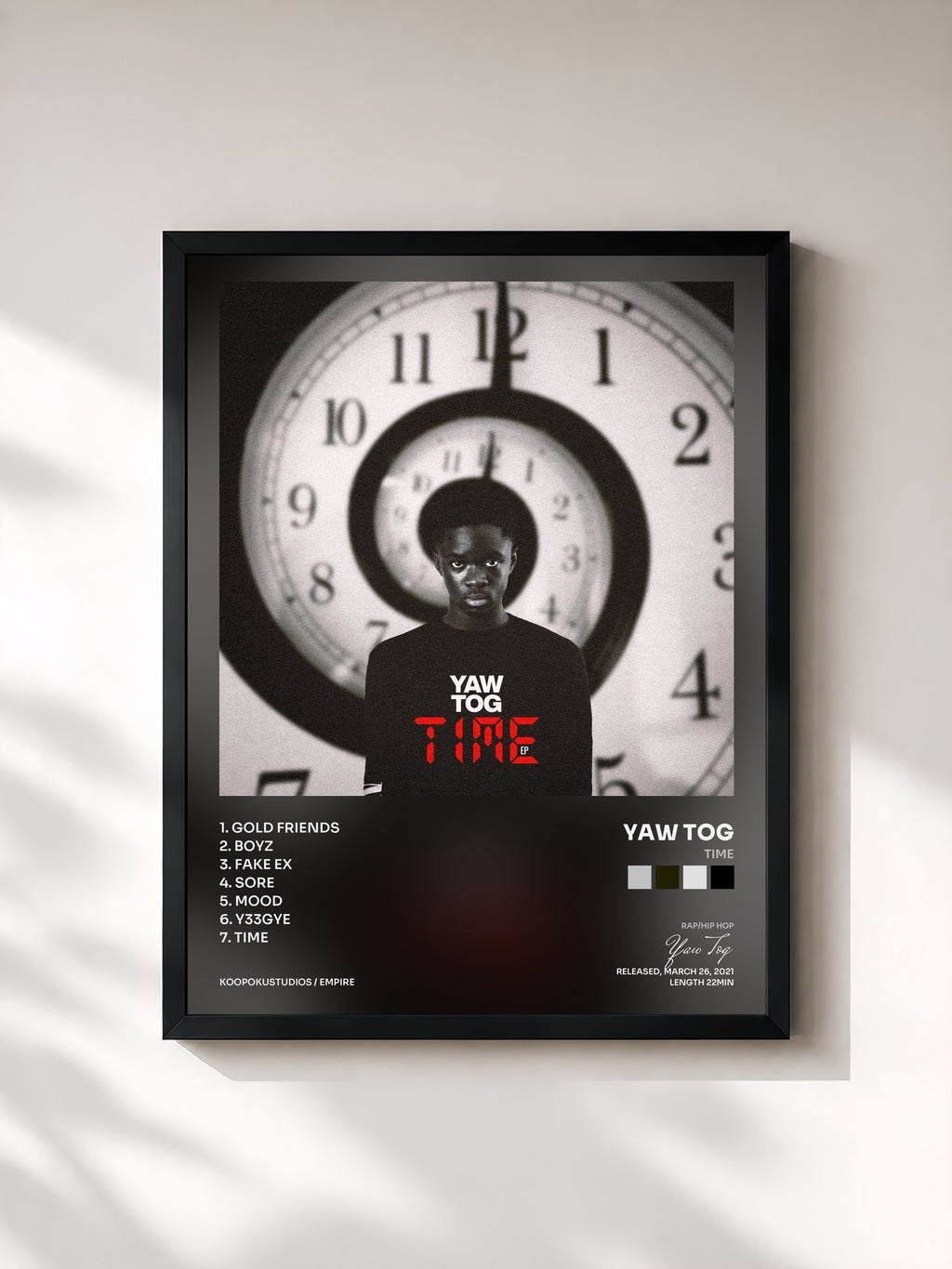 #noir Tableau de l'album TIME de Yaw Tog, cadre noir, imprimé et encadré en France