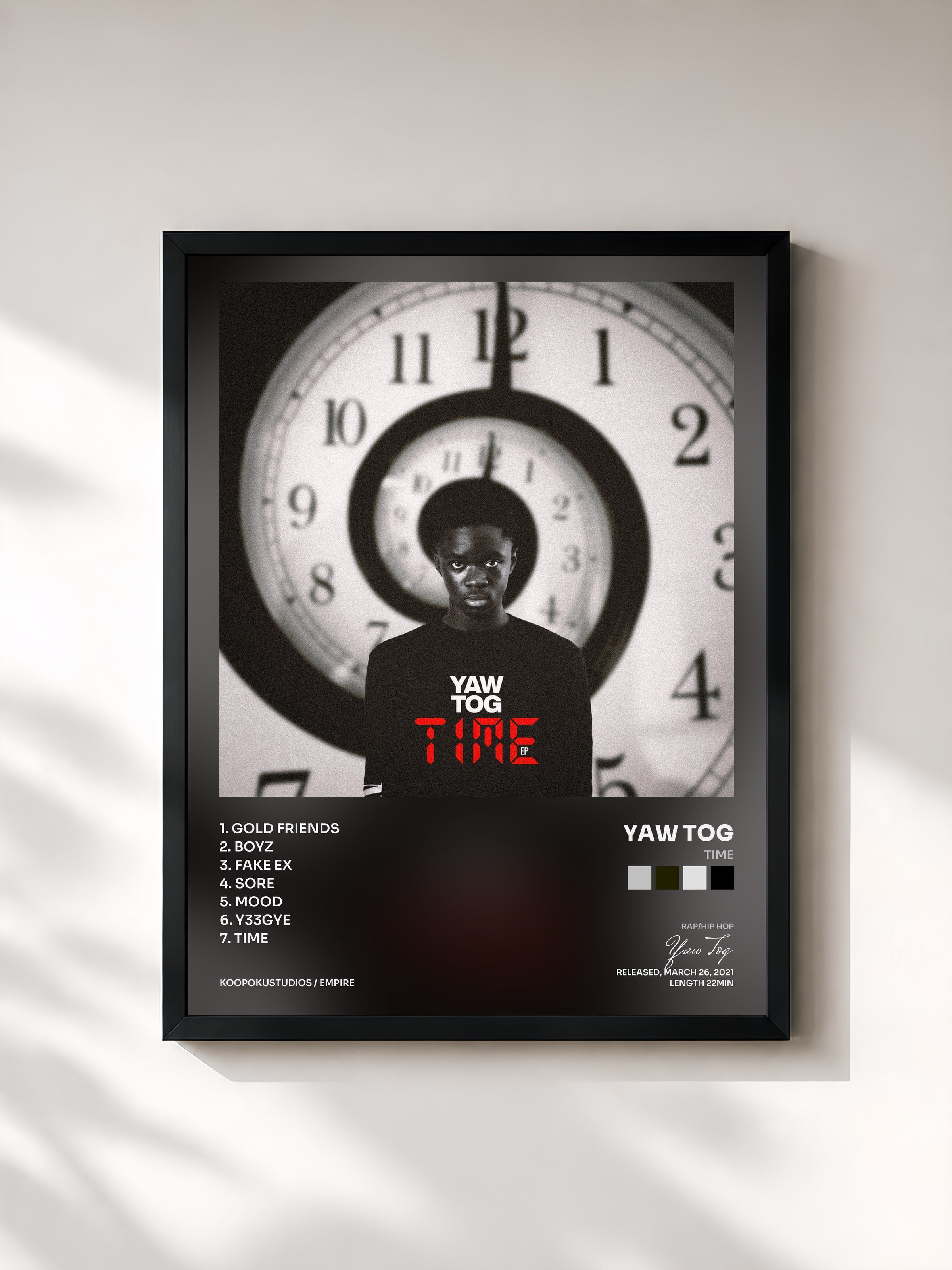 #noir Tableau de l'album TIME de Yaw Tog, cadre noir, imprimé et encadré en France