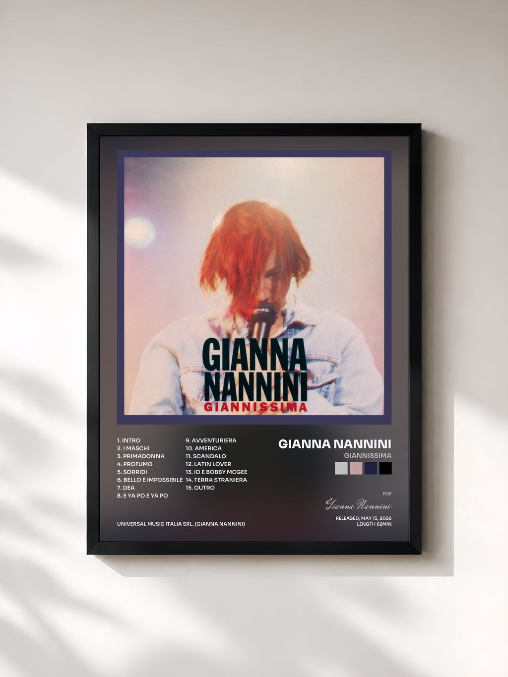 #noir Tableau de l'album Giannissima de Gianna Nannini, cadre noir, imprimé et encadré en France
