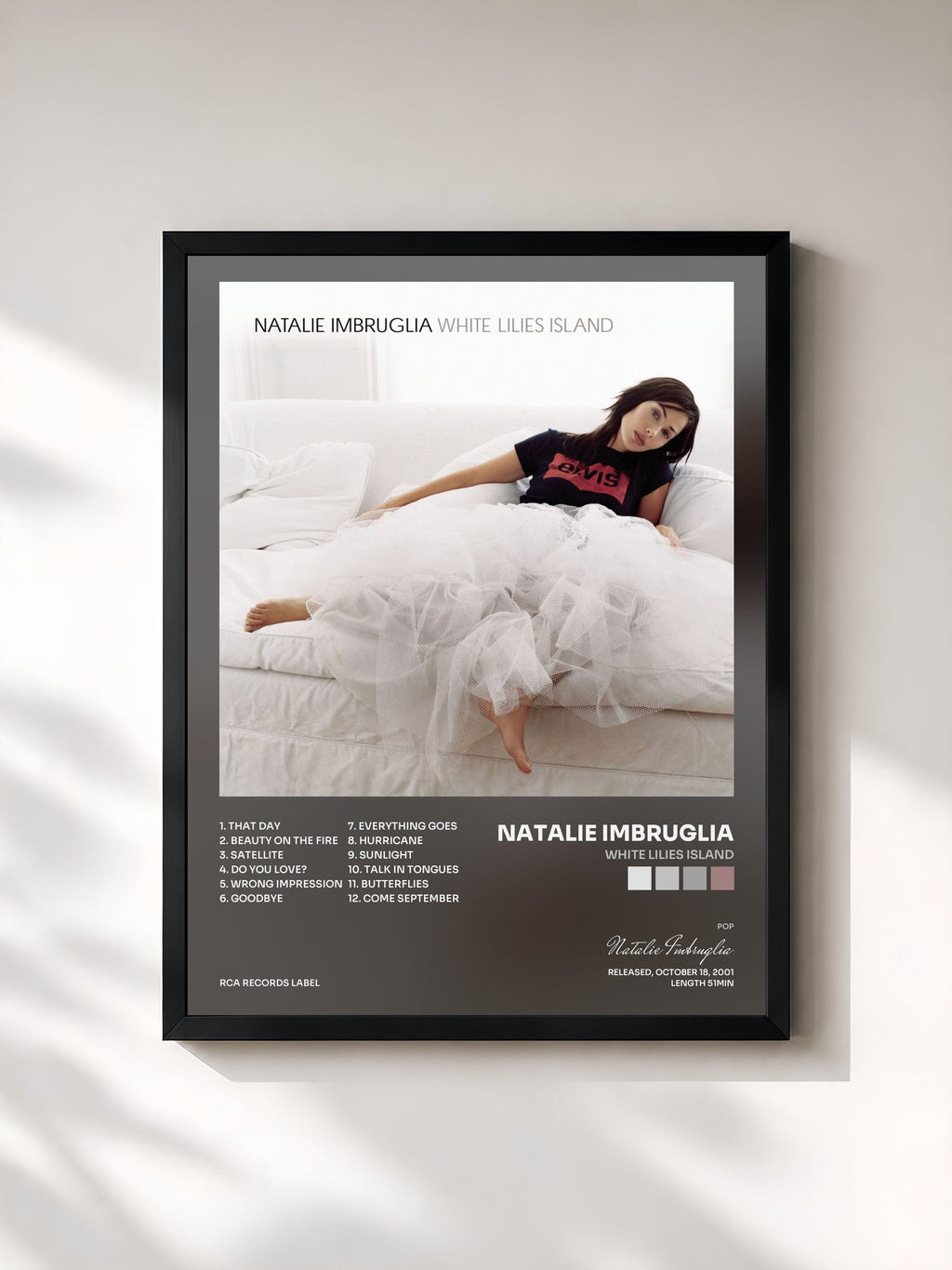 #noir Tableau de l'album White Lilies Island de Natalie Imbruglia, cadre noir, imprimé et encadré en France
