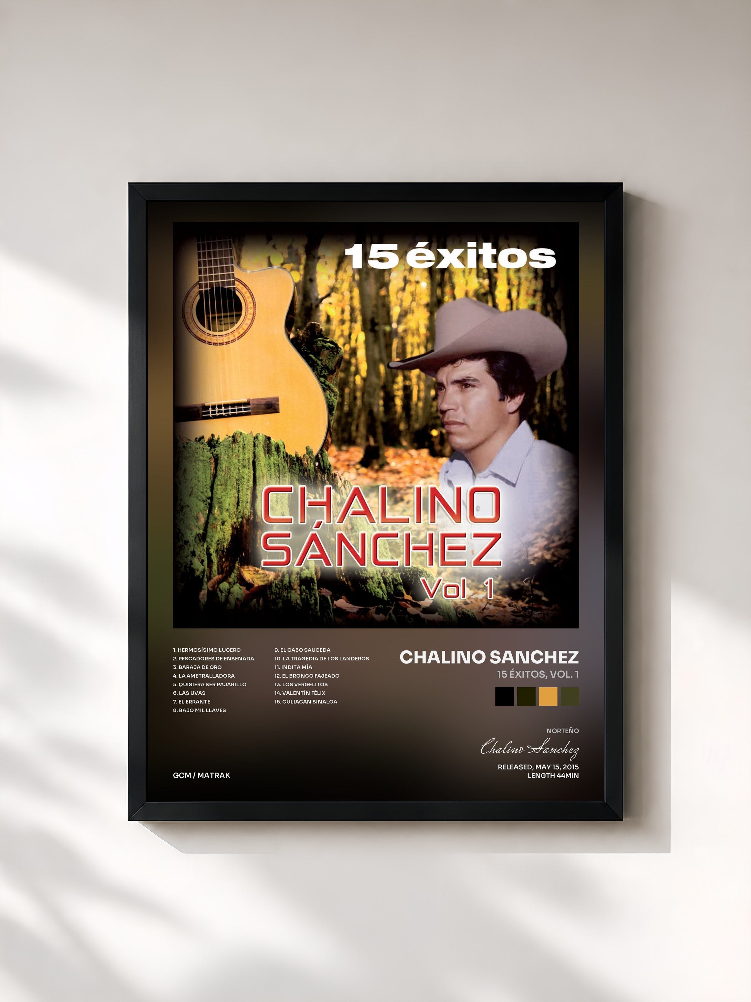 #noir Tableau de l'album 15 Éxitos, Vol. 1 de Chalino Sanchez, cadre noir, imprimé et encadré en France