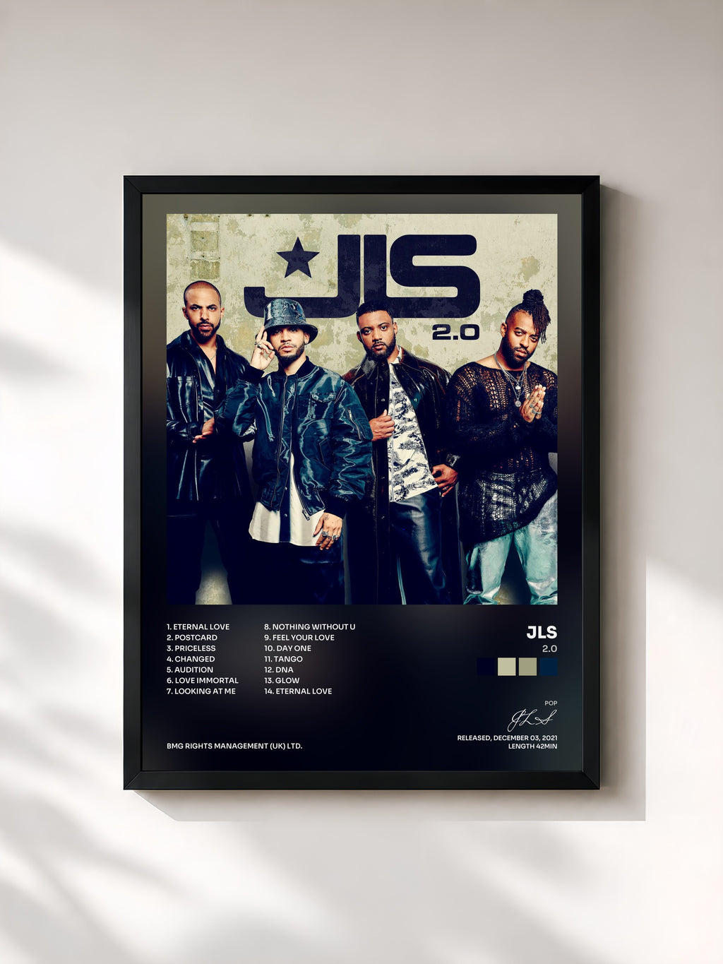 #noir Tableau de l'album 2.0 de JLS, cadre noir, imprimé et encadré en France