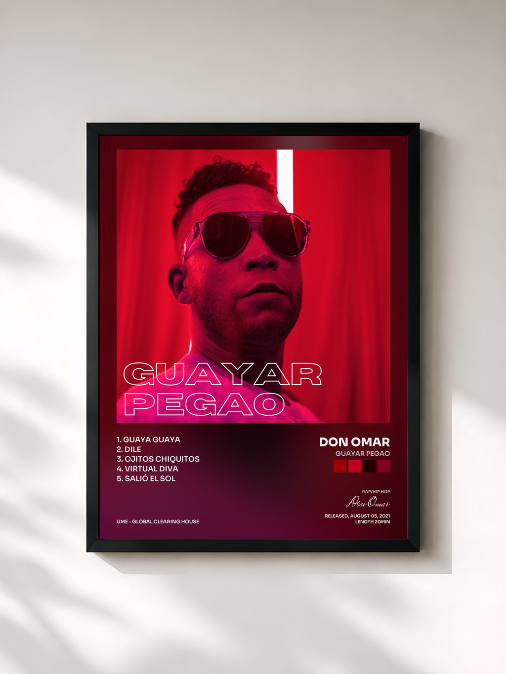 #noir Tableau de l'album Guayar Pegao de Don Omar, cadre noir, imprimé et encadré en France