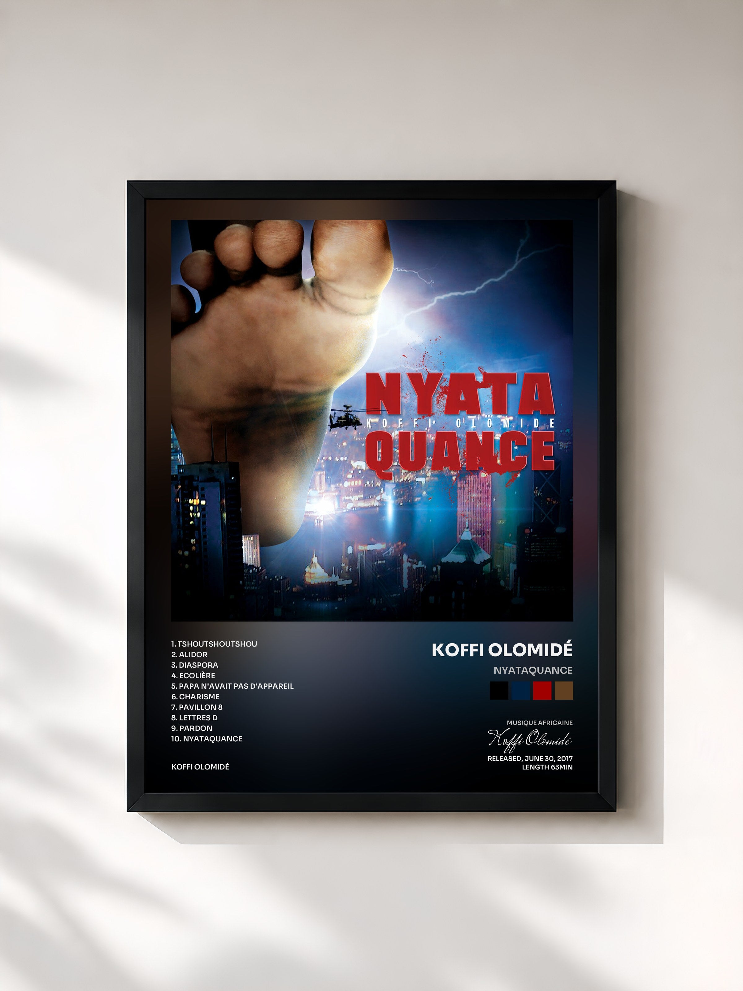 #noir Tableau de l'album Nyataquance de Koffi Olomidé, cadre noir, imprimé et encadré en France