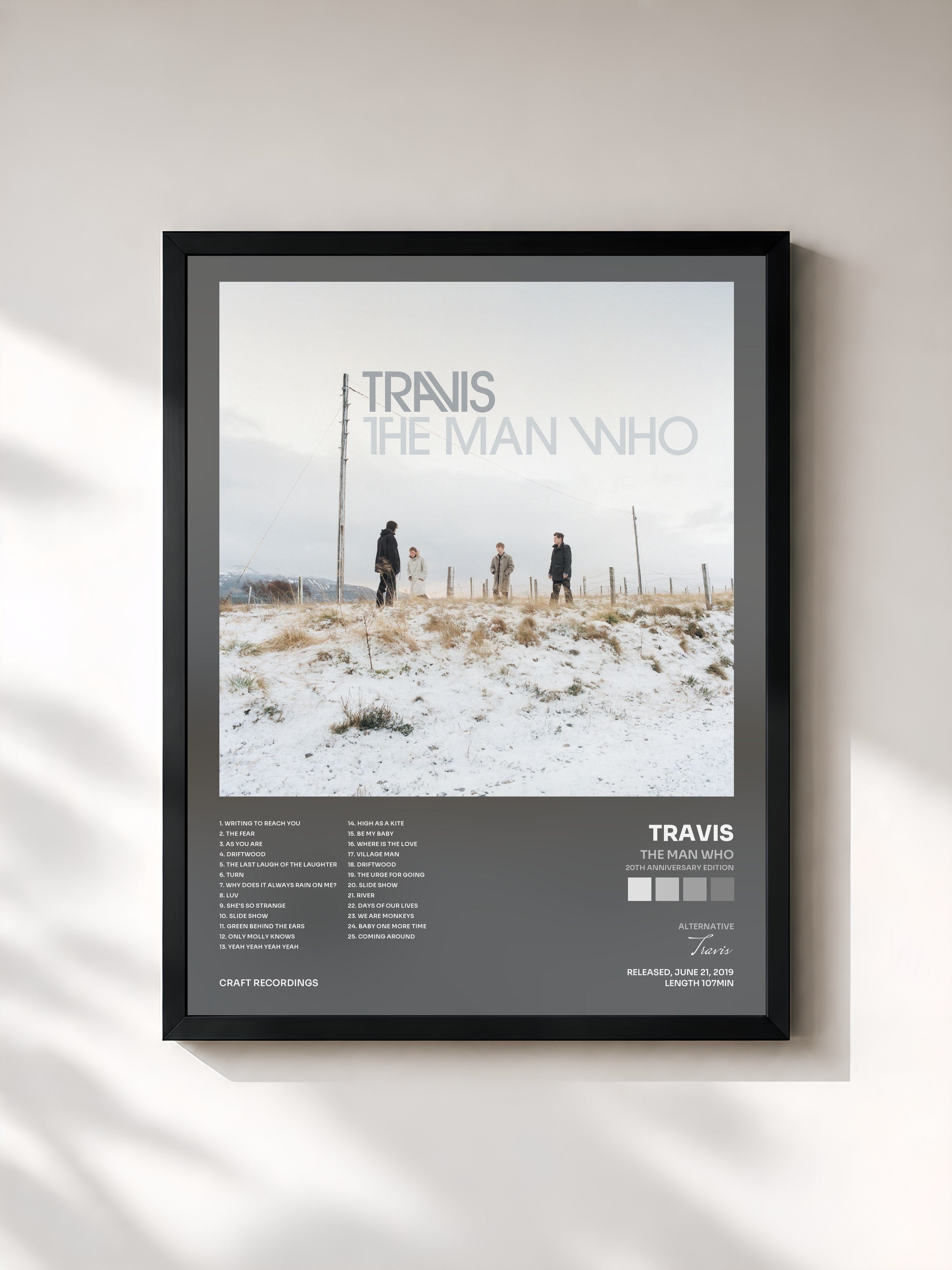 #noir Tableau de l'album The Man Who (20th Anniversary Edition) de Travis, cadre noir, imprimé et encadré en France