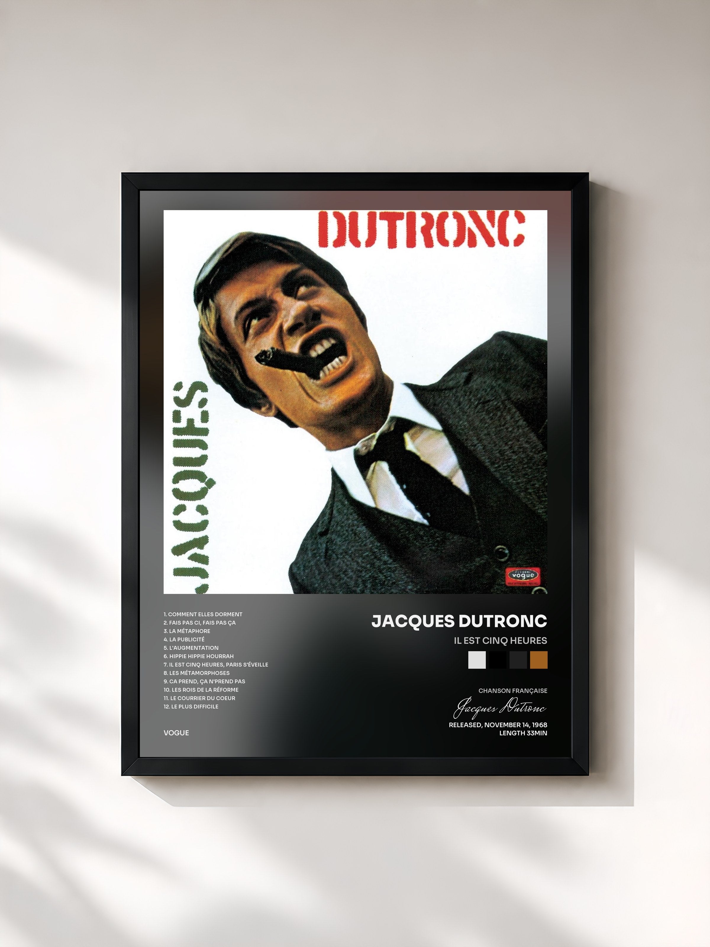 #noir Tableau de l'album Il est cinq heures de Jacques Dutronc, cadre noir, imprimé et encadré en France