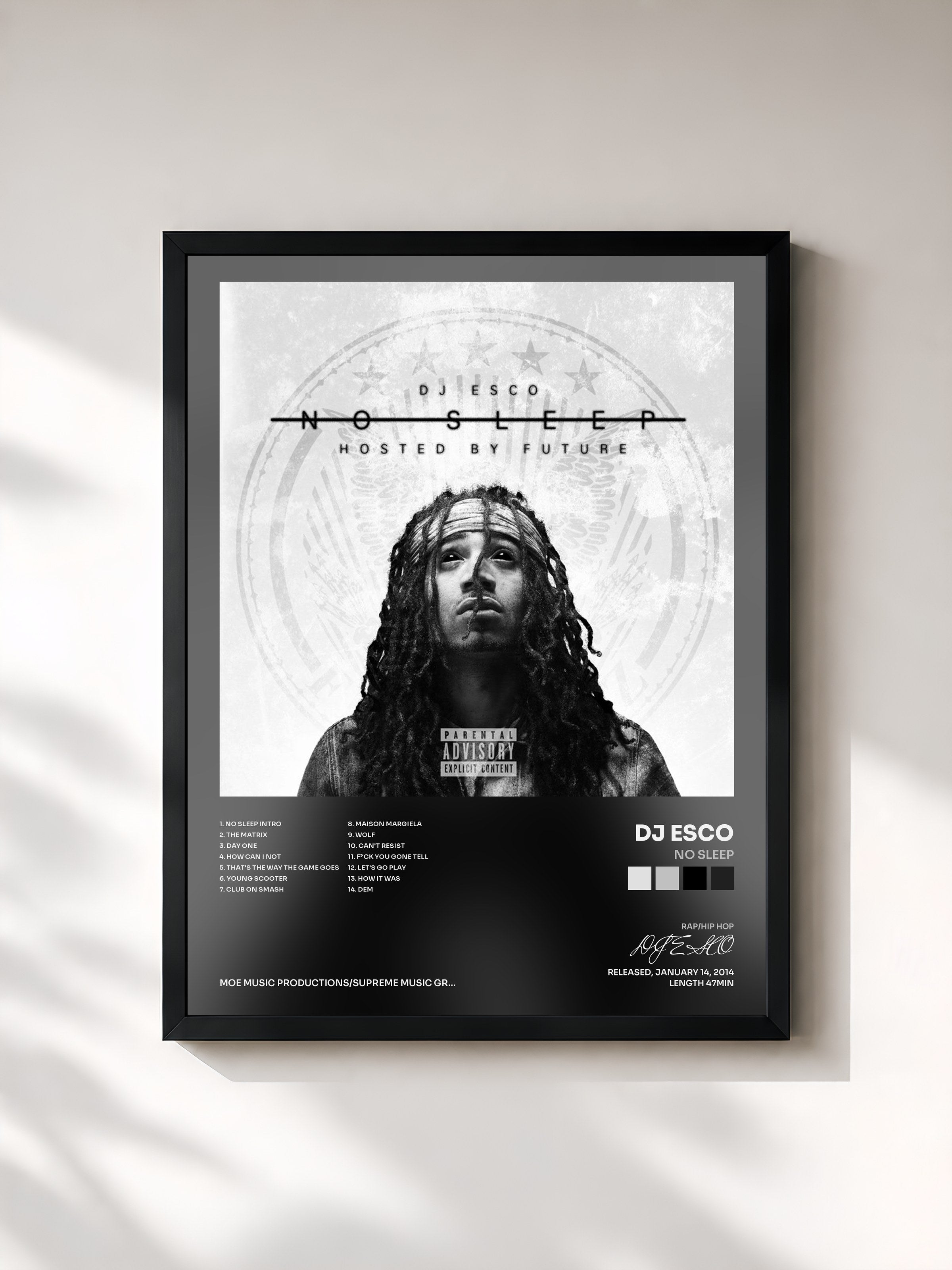 #noir Tableau de l'album No Sleep de DJ ESCO, cadre noir, imprimé et encadré en France