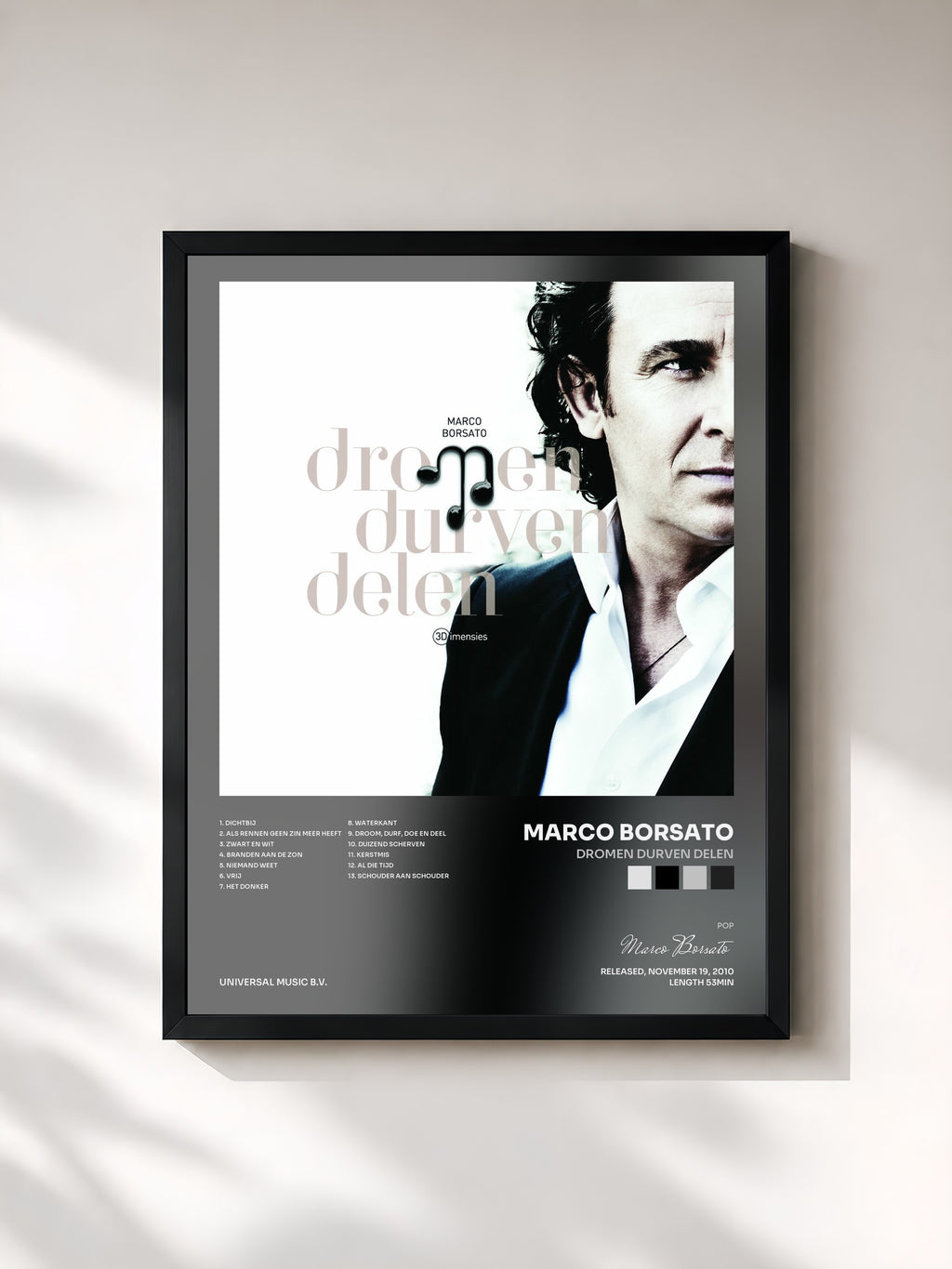 #noir Tableau de l'album Dromen Durven Delen de Marco Borsato, cadre noir, imprimé et encadré en France