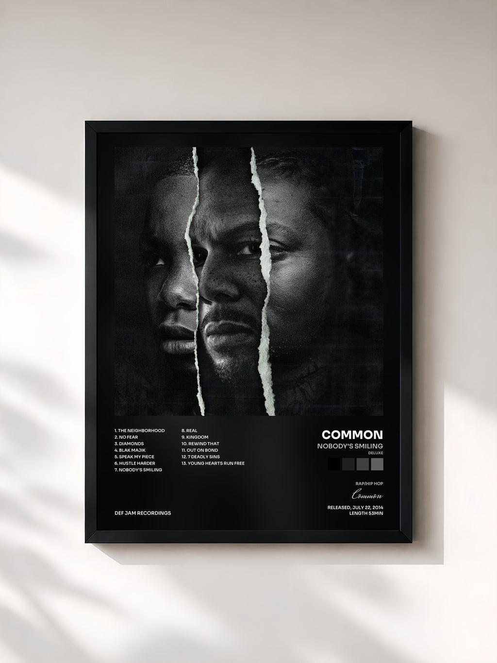 #noir Tableau de l'album Nobody's Smiling (Deluxe) de Common, cadre noir, imprimé et encadré en France