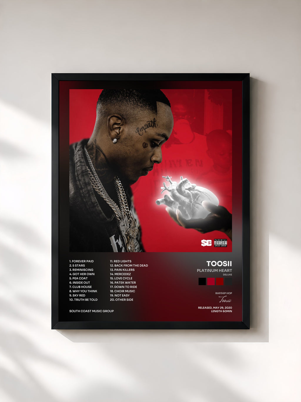 #noir Tableau de l'album Platinum Heart (Deluxe) de Toosii, cadre noir, imprimé et encadré en France
