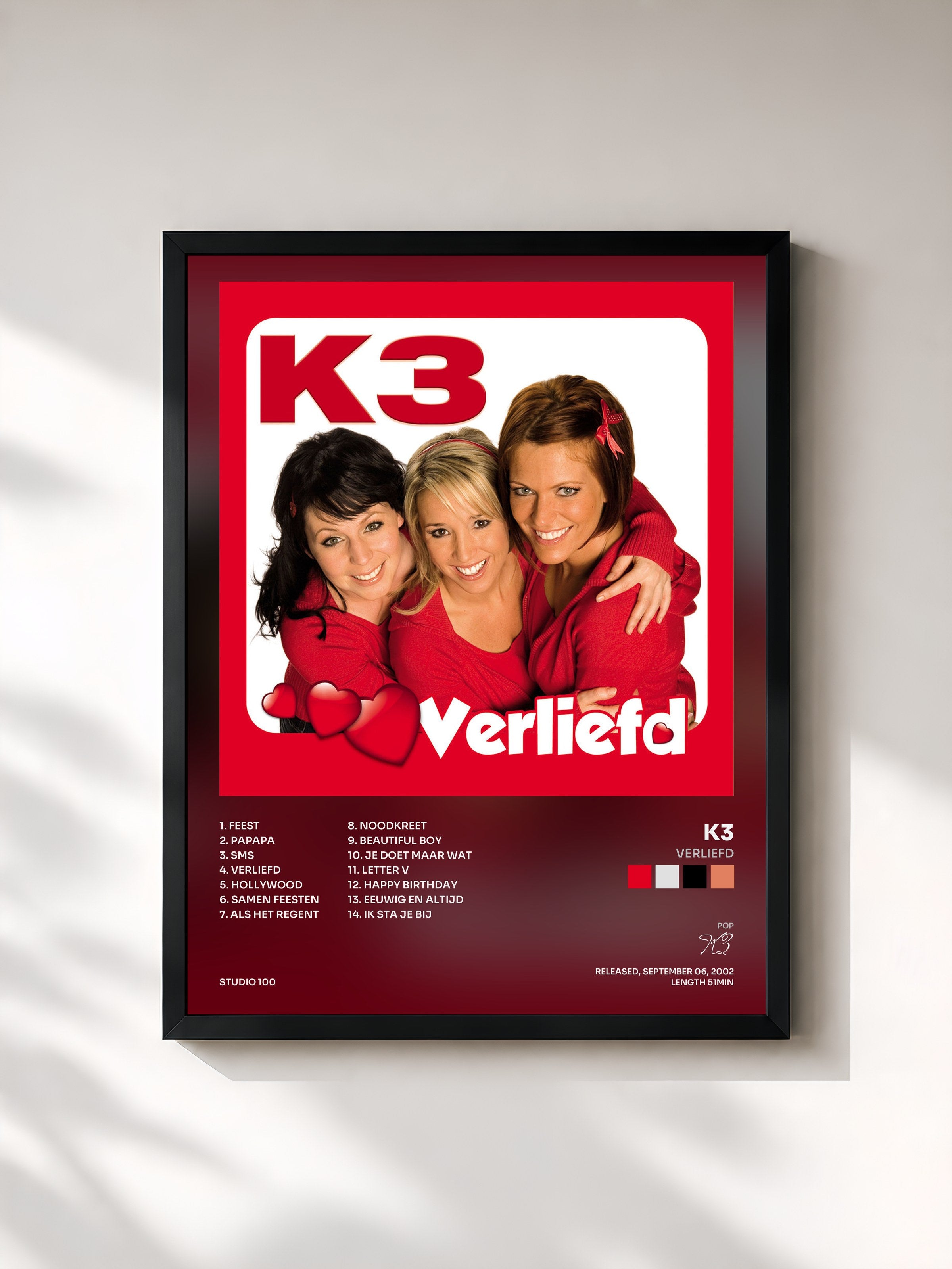 #noir Tableau de l'album Verliefd de K3, cadre noir, imprimé et encadré en France