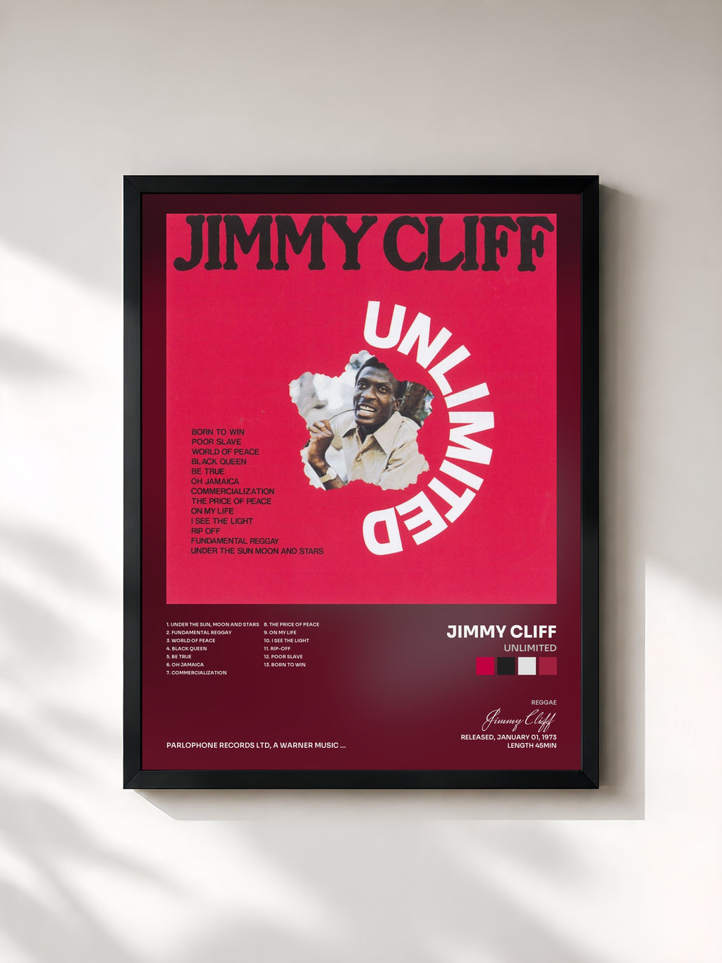 #noir Tableau de l'album Unlimited de Jimmy Cliff, cadre noir, imprimé et encadré en France