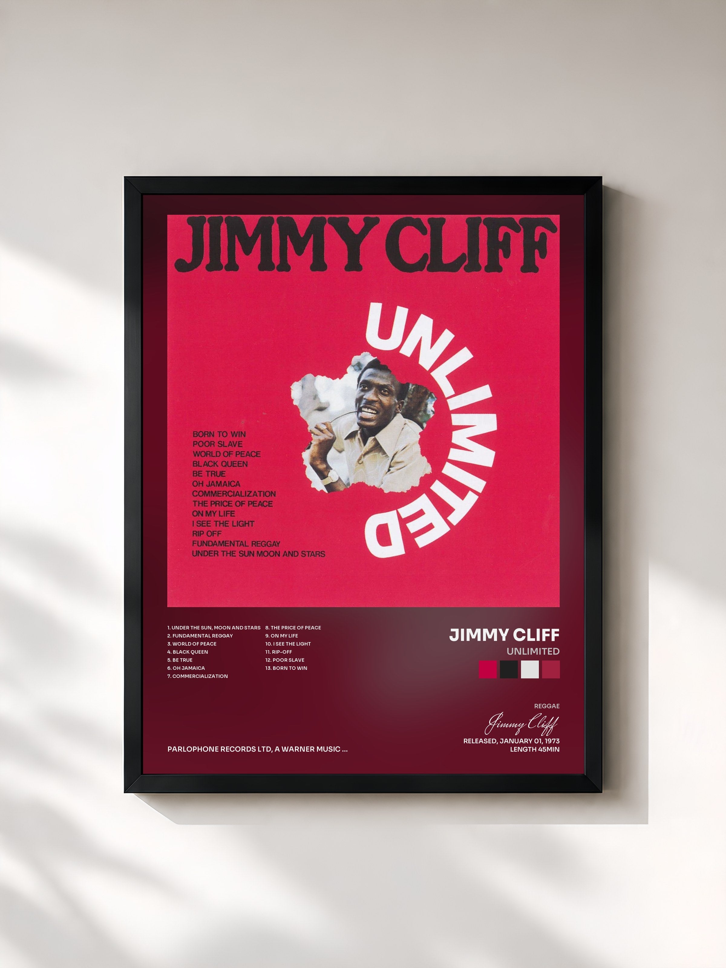 #noir Tableau de l'album Unlimited de Jimmy Cliff, cadre noir, imprimé et encadré en France