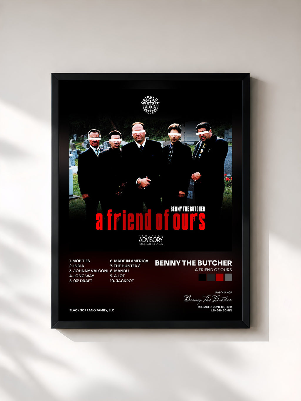 #noir Tableau de l'album A Friend of Ours de Benny The Butcher, cadre noir, imprimé et encadré en France
