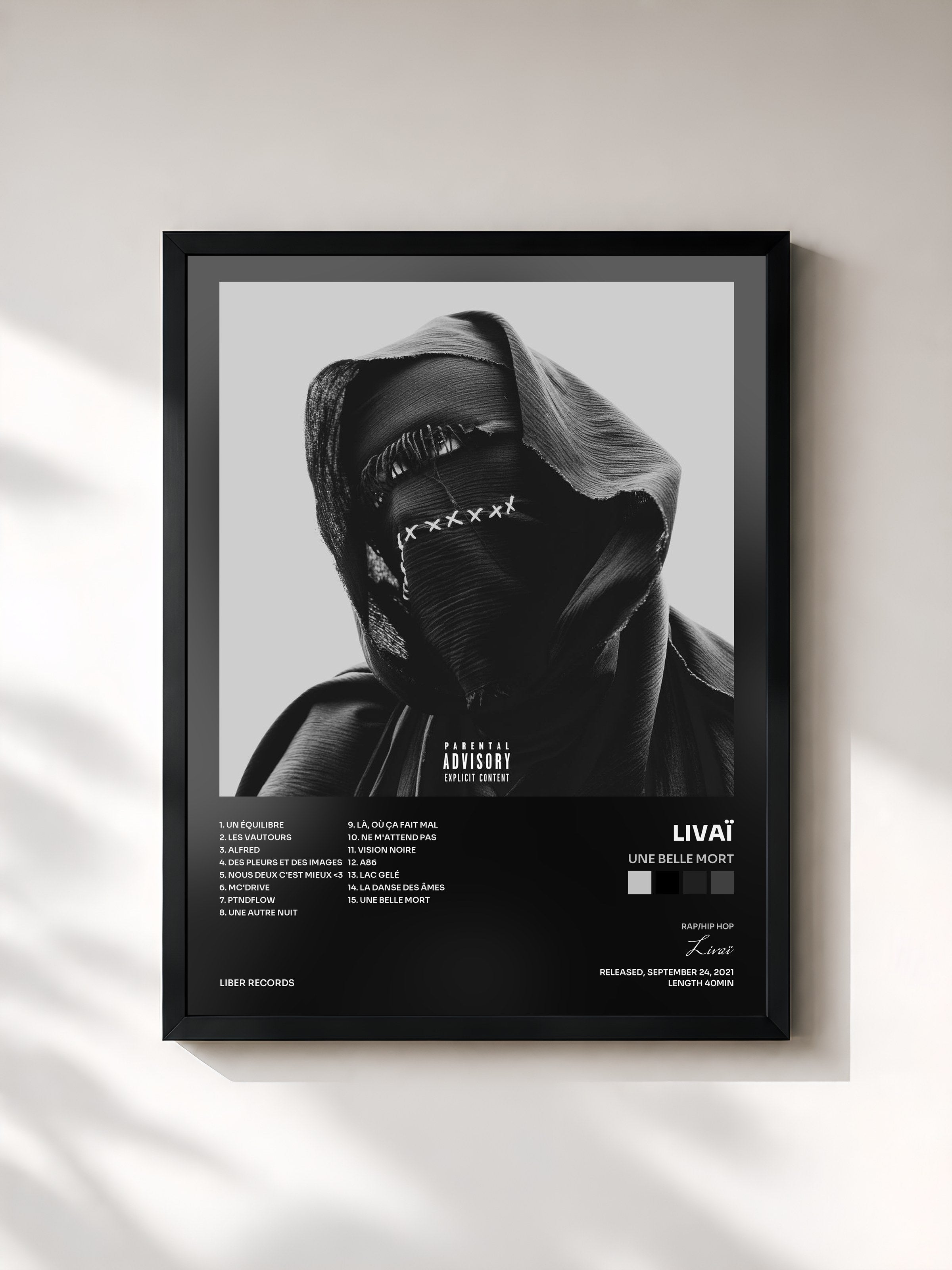 #noir Tableau de l'album Une Belle Mort de Livaï, cadre noir, imprimé et encadré en France