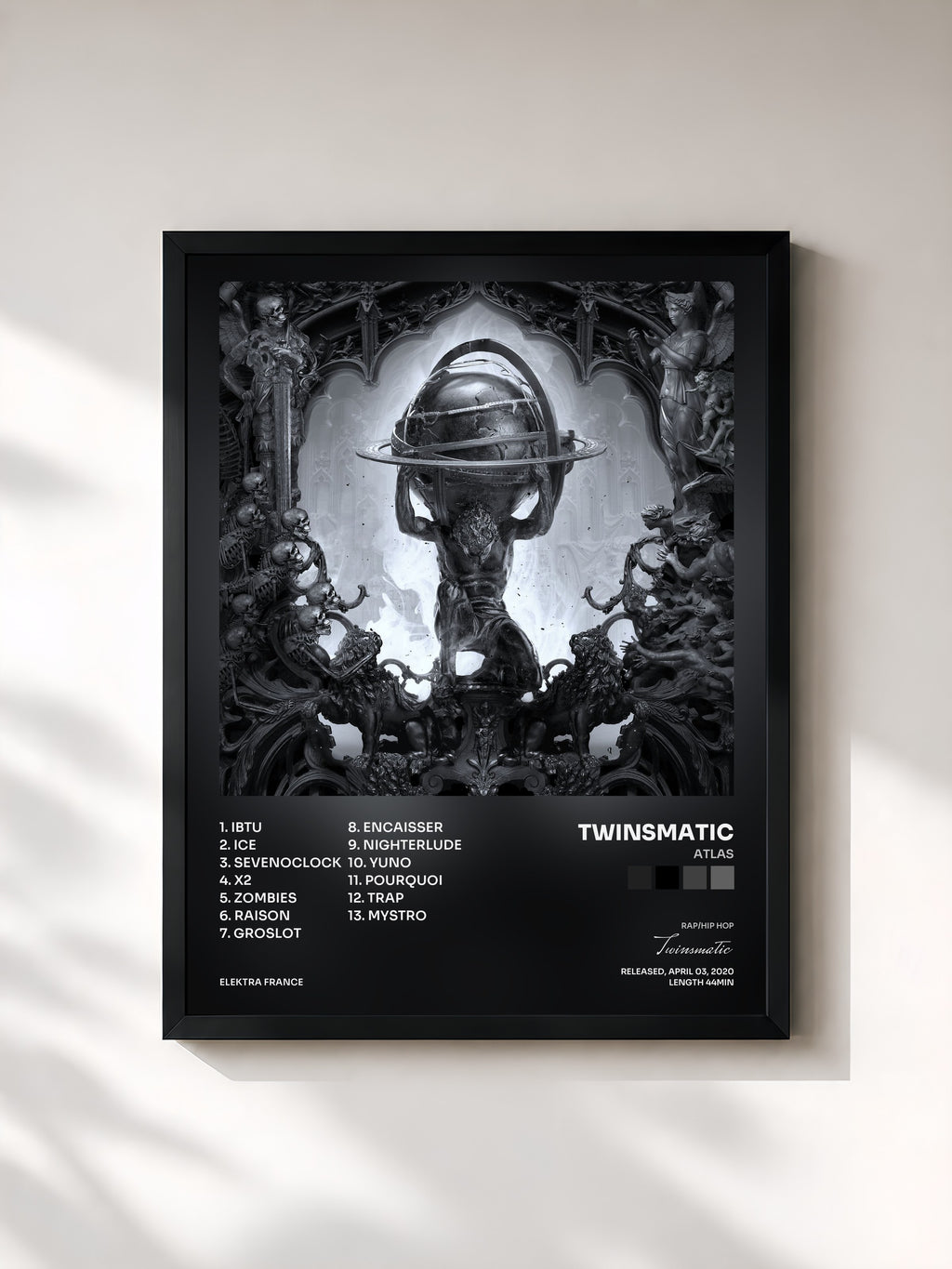#noir Tableau de l'album ATLAS de Twinsmatic, cadre noir, imprimé et encadré en France