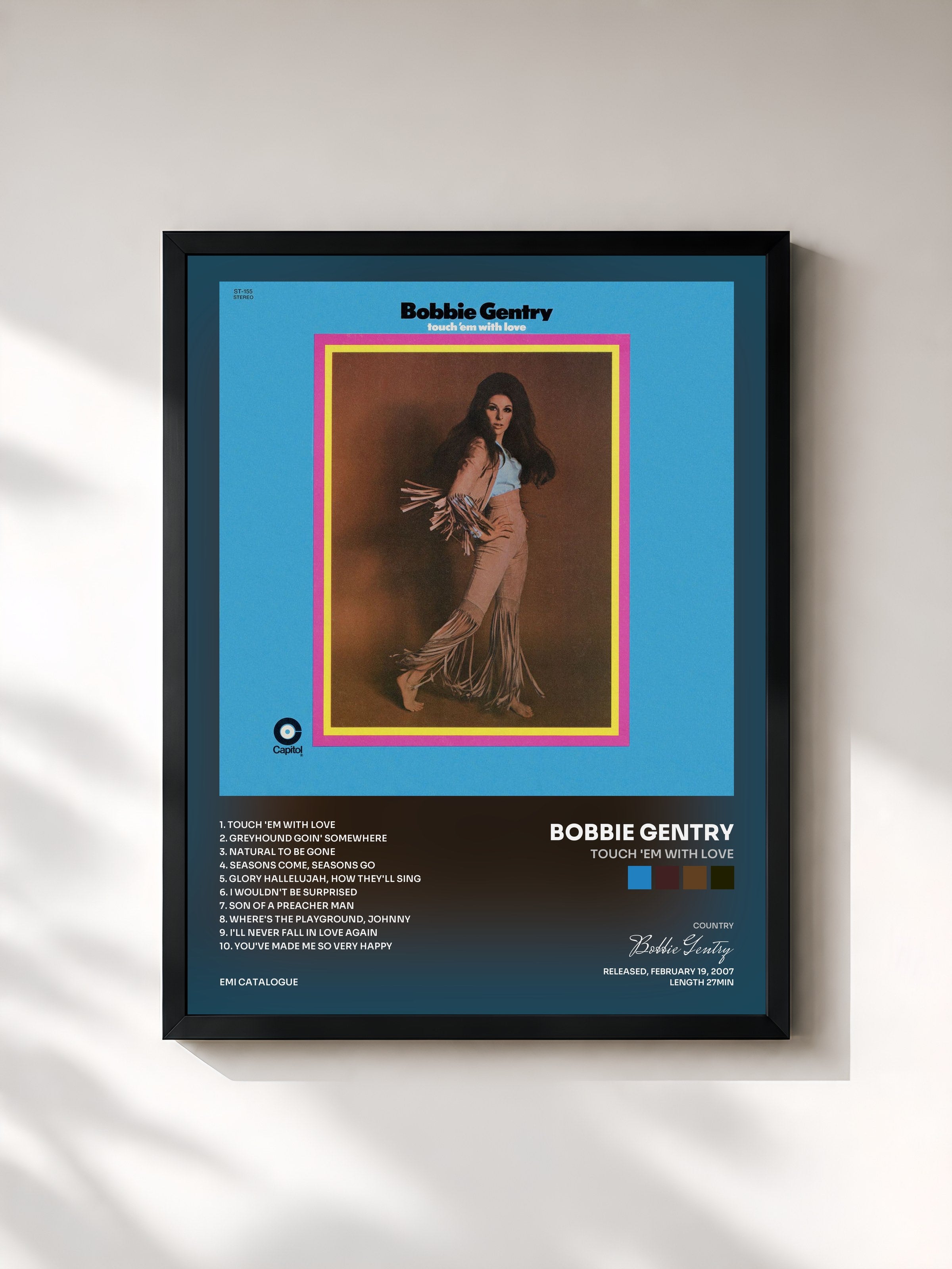 #noir Tableau de l'album Touch 'Em With Love de Bobbie Gentry, cadre noir, imprimé et encadré en France