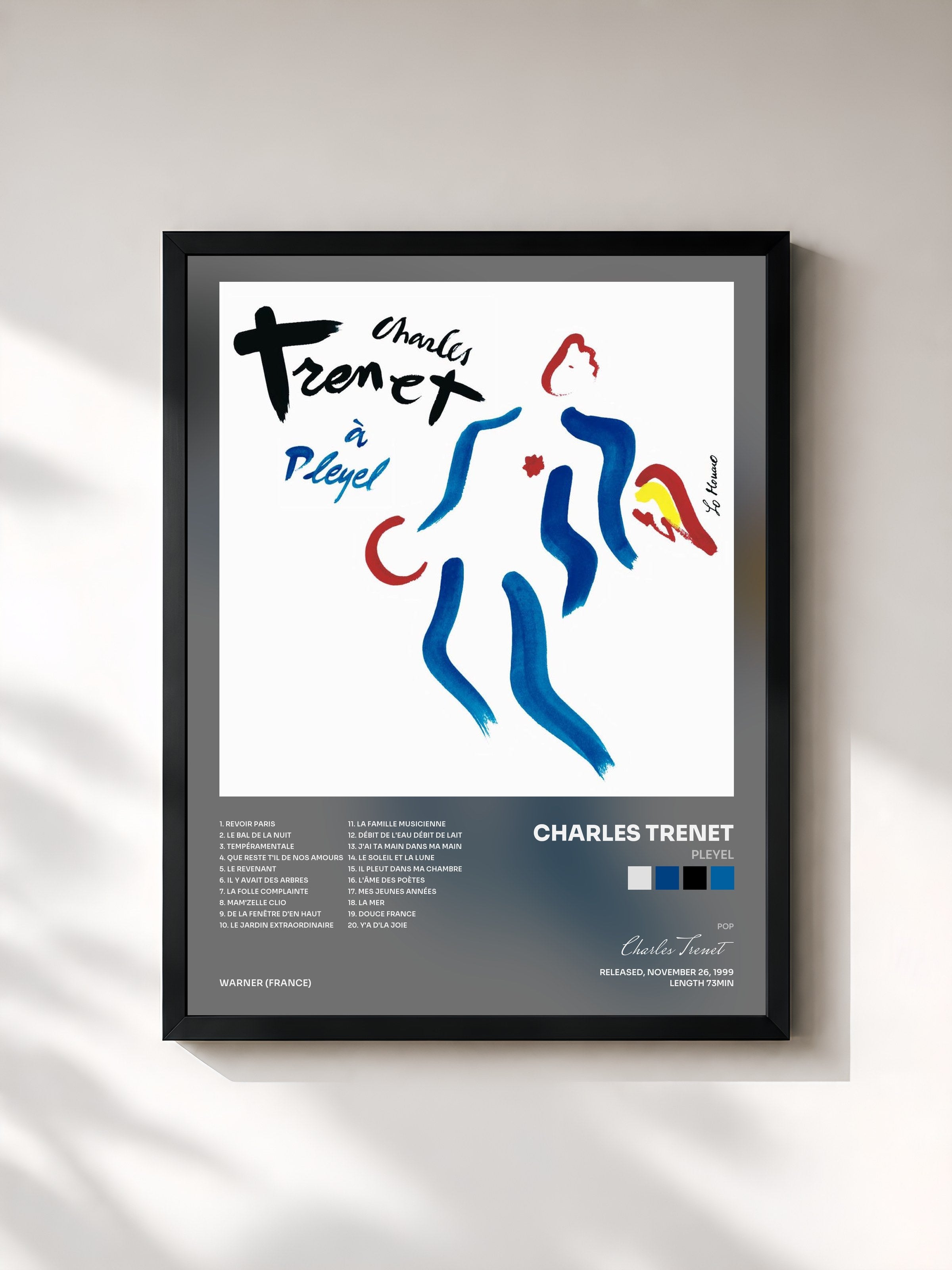 #noir Tableau de l'album Pleyel de Charles Trenet, cadre noir, imprimé et encadré en France