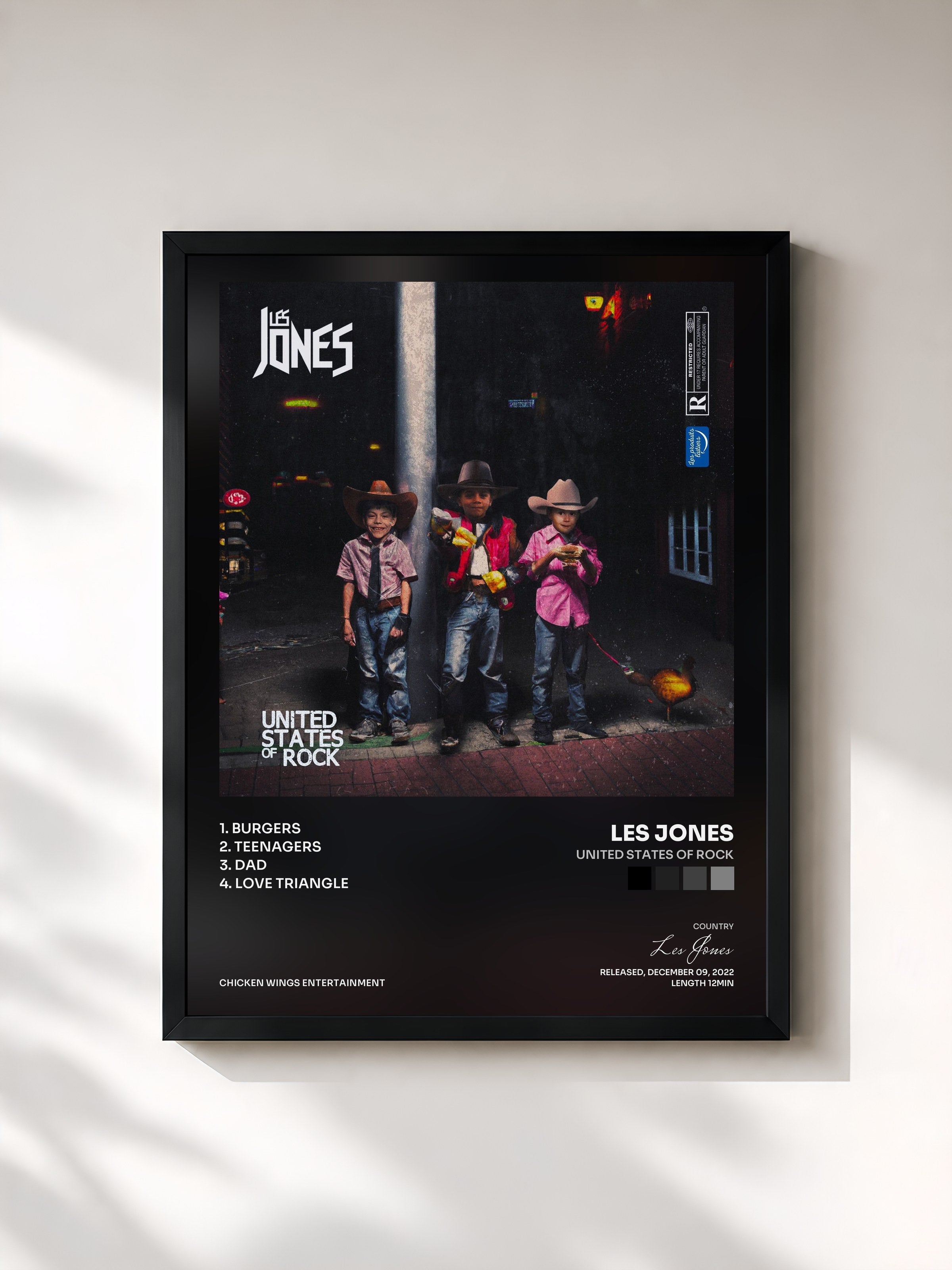 #noir Tableau de l'album United States Of Rock de Les Jones, cadre noir, imprimé et encadré en France