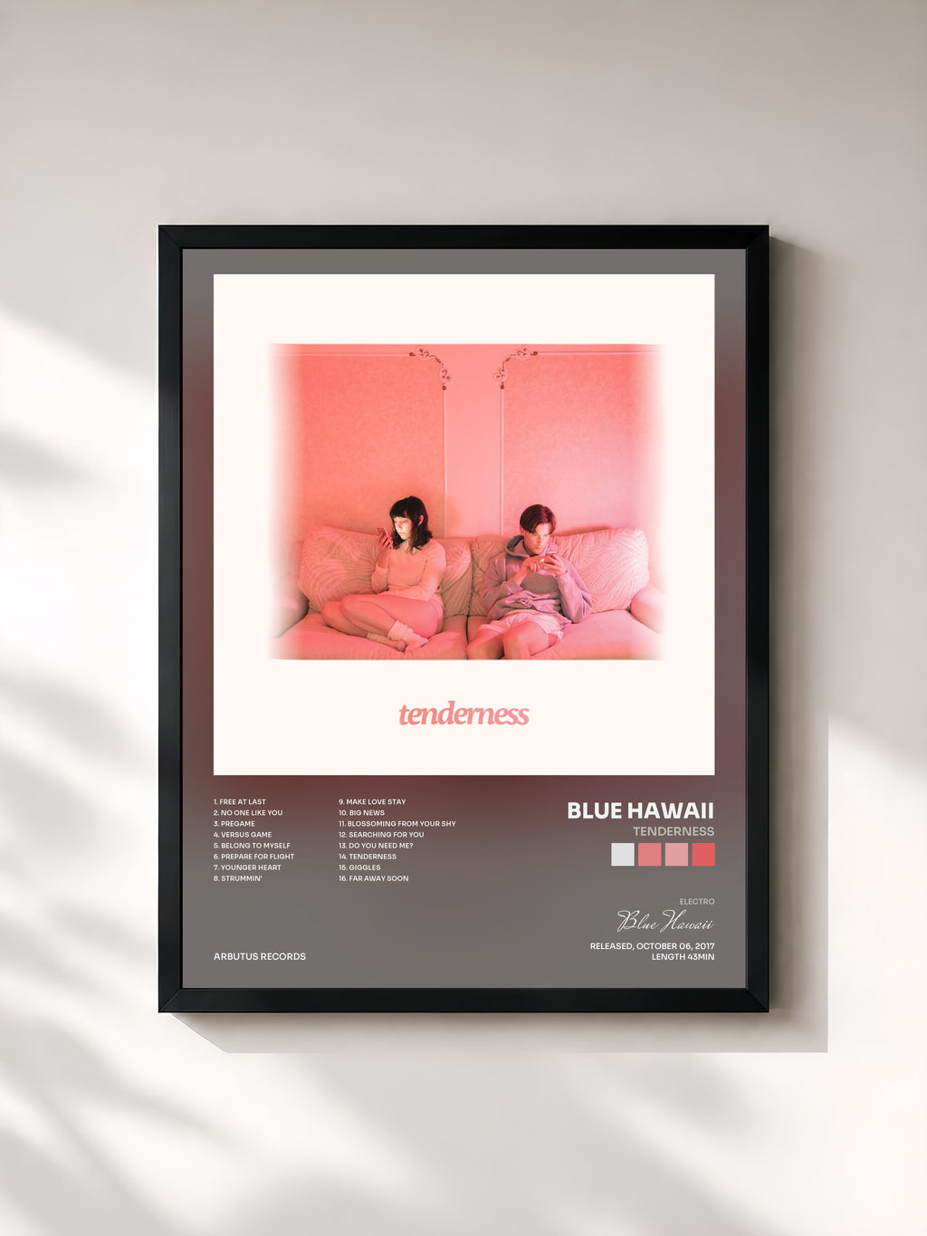 #noir Tableau de l'album Tenderness de Blue Hawaii, cadre noir, imprimé et encadré en France