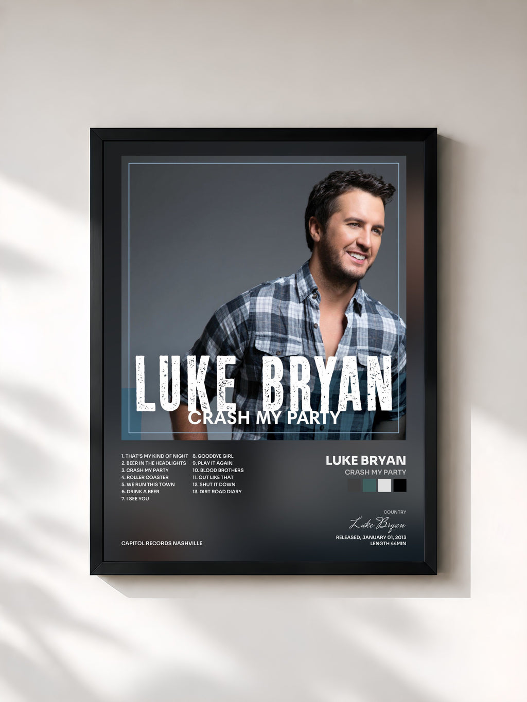 #noir Tableau de l'album Crash My Party de Luke Bryan, cadre noir, imprimé et encadré en France