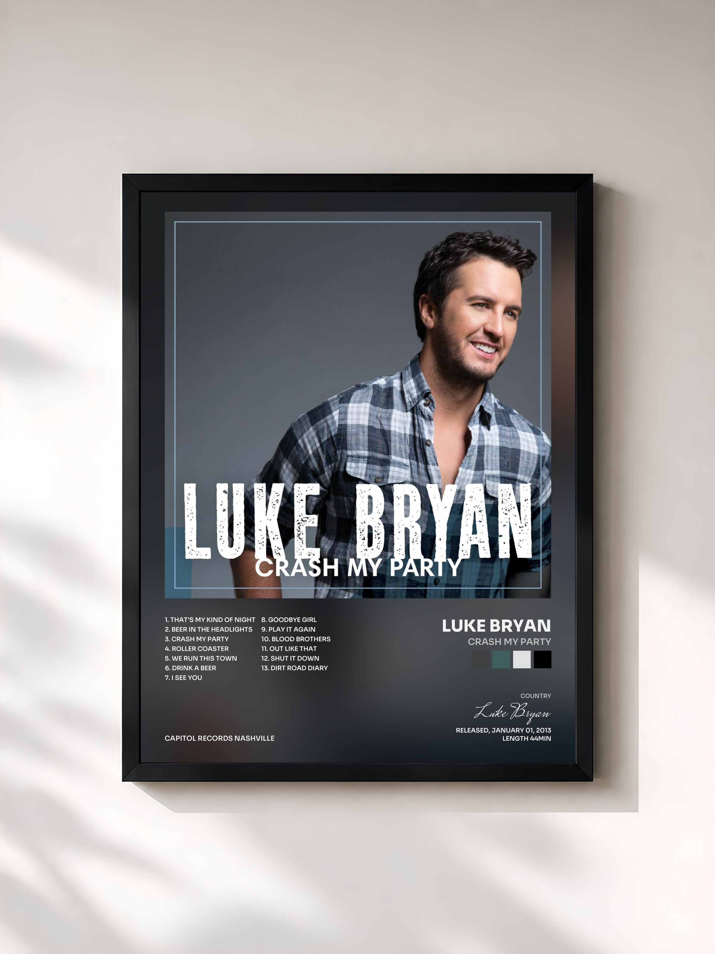 #noir Tableau de l'album Crash My Party de Luke Bryan, cadre noir, imprimé et encadré en France