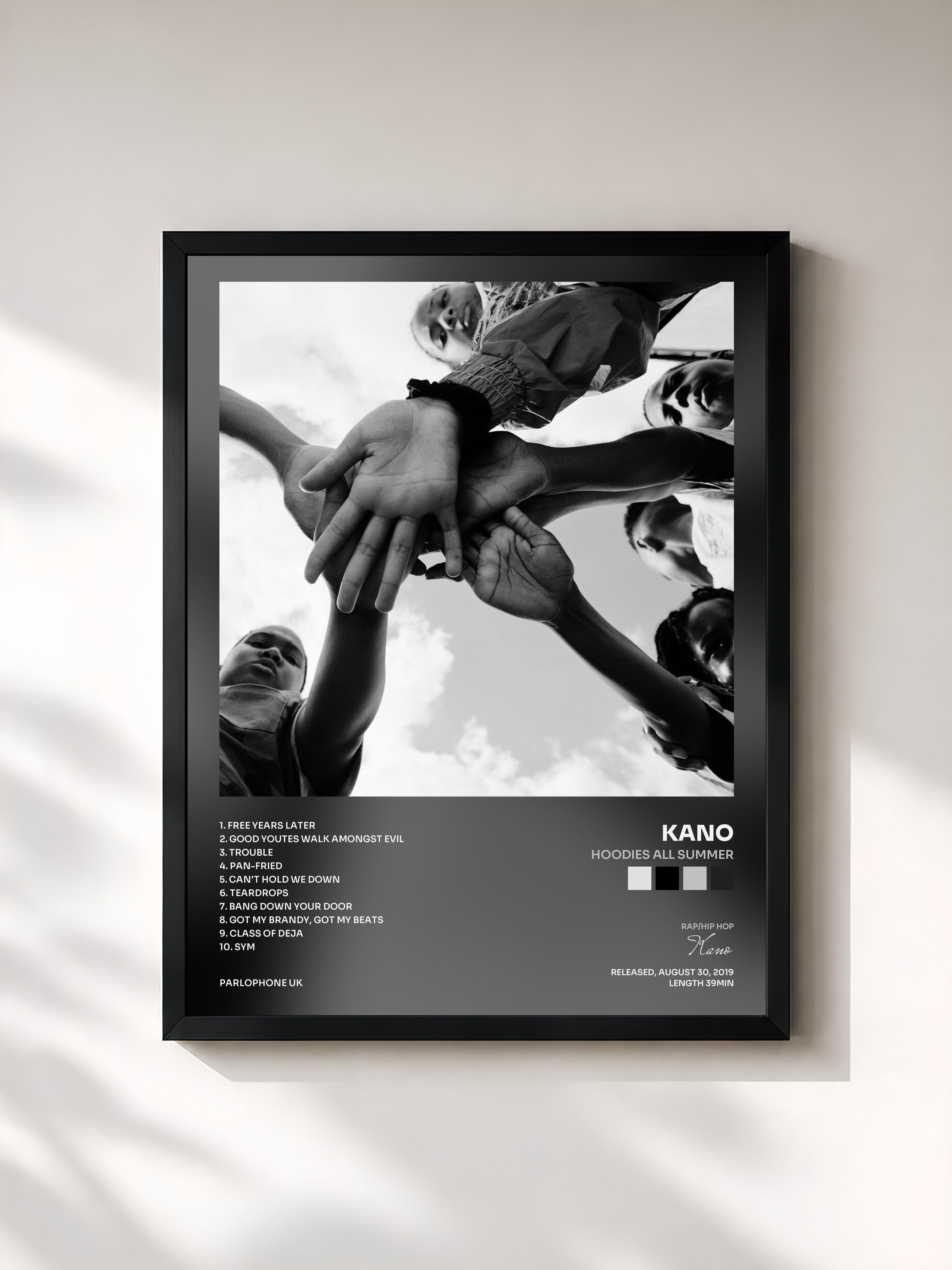 #noir Tableau de l'album Hoodies All Summer de Kano, cadre noir, imprimé et encadré en France