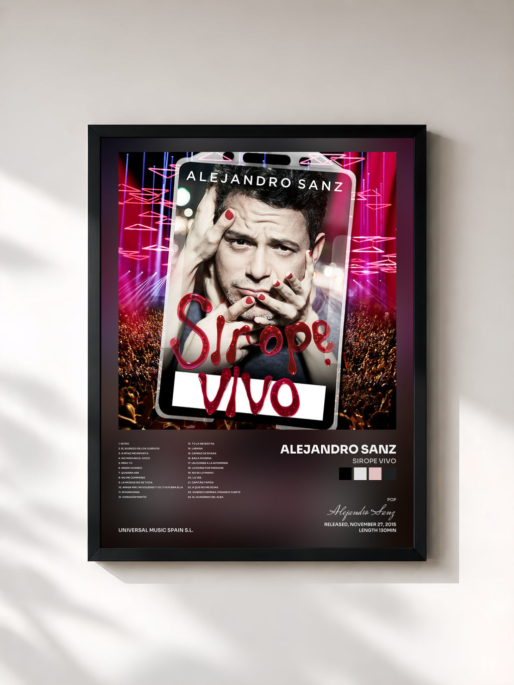 #noir Tableau de l'album Sirope Vivo de Alejandro Sanz, cadre noir, imprimé et encadré en France