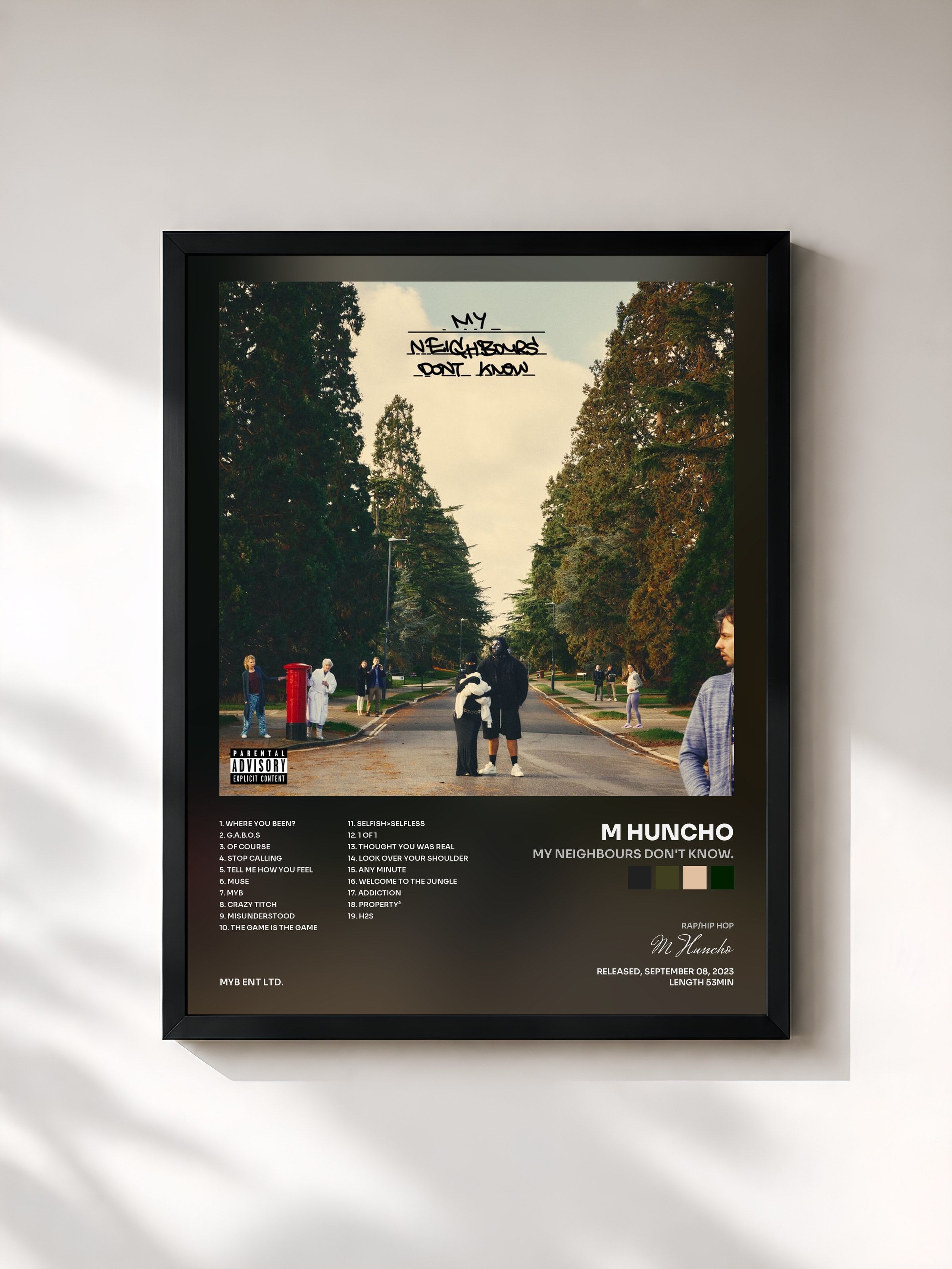 #noir Tableau de l'album my neighbours don't know. de M Huncho, cadre noir, imprimé et encadré en France