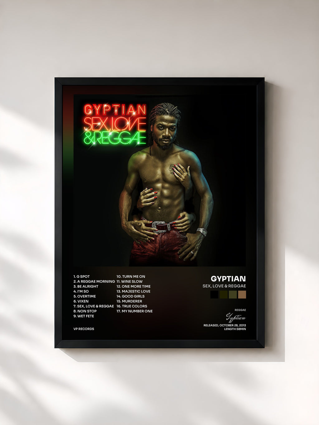 #noir Tableau de l'album Sex, Love & Reggae de Gyptian, cadre noir, imprimé et encadré en France