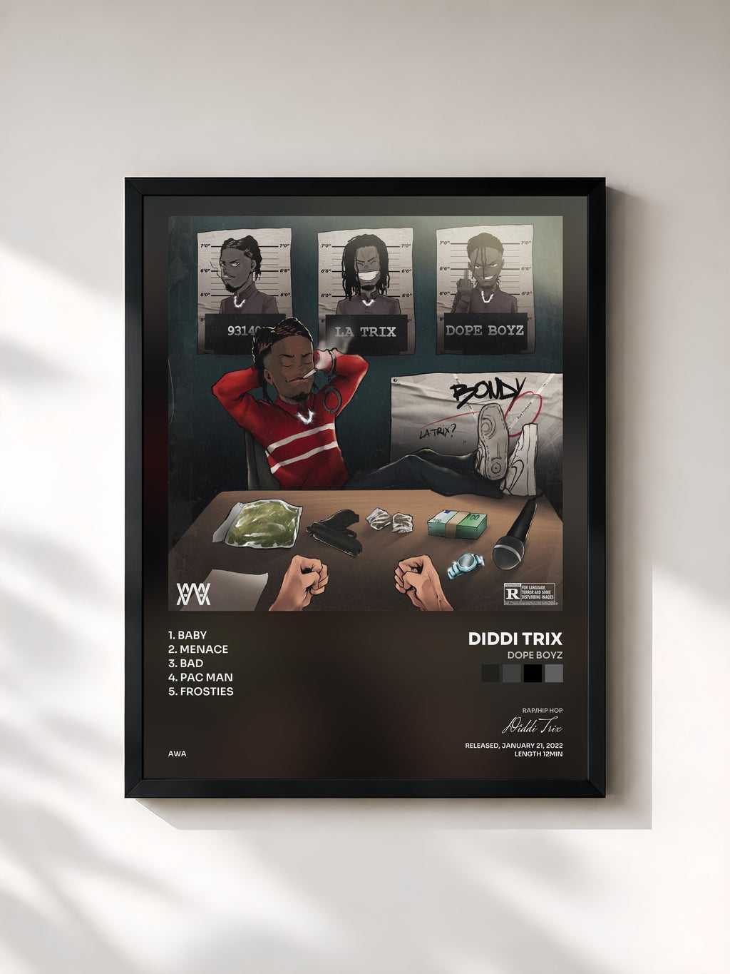 #noir Tableau de l'album Dope Boyz de Diddi Trix, cadre noir, imprimé et encadré en France