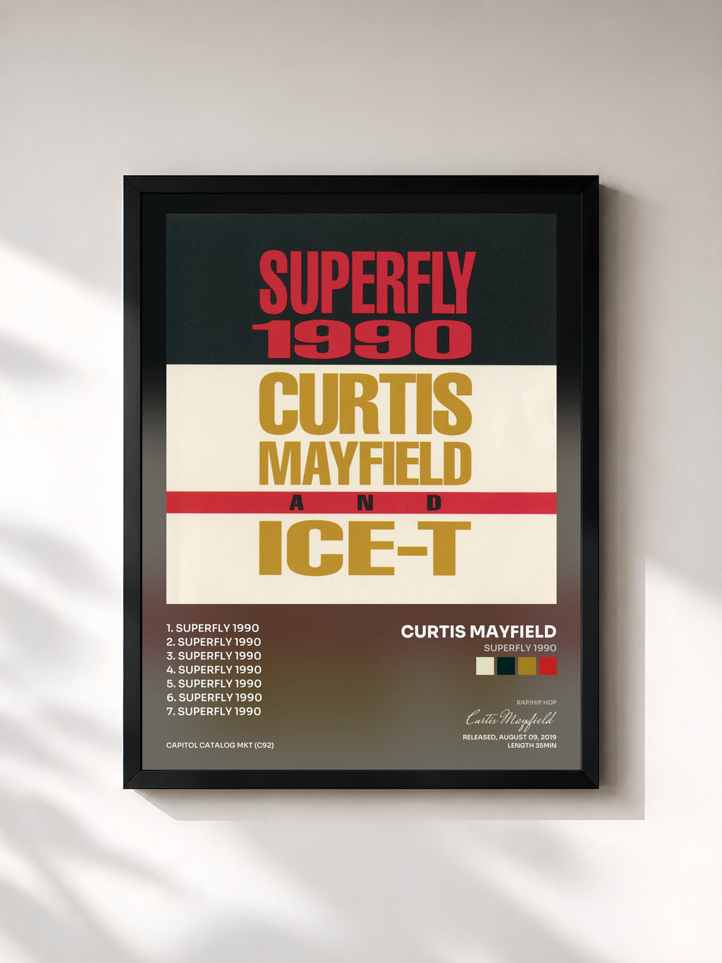 #noir Tableau de l'album Superfly 1990 de Curtis Mayfield, cadre noir, imprimé et encadré en France