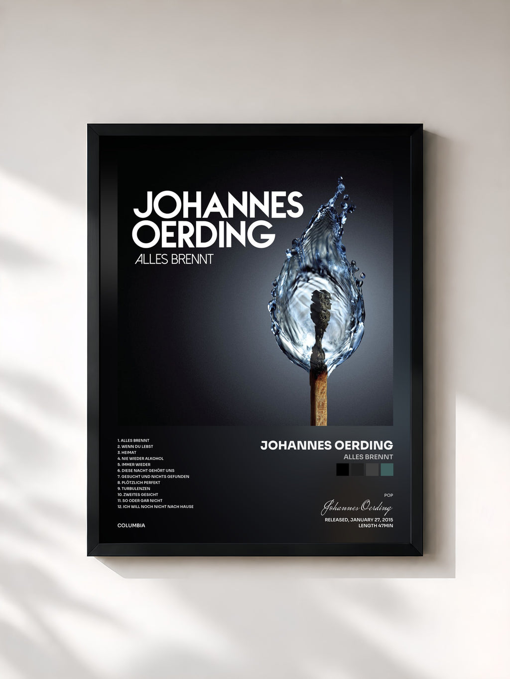 #noir Tableau de l'album Alles brennt de Johannes Oerding, cadre noir, imprimé et encadré en France