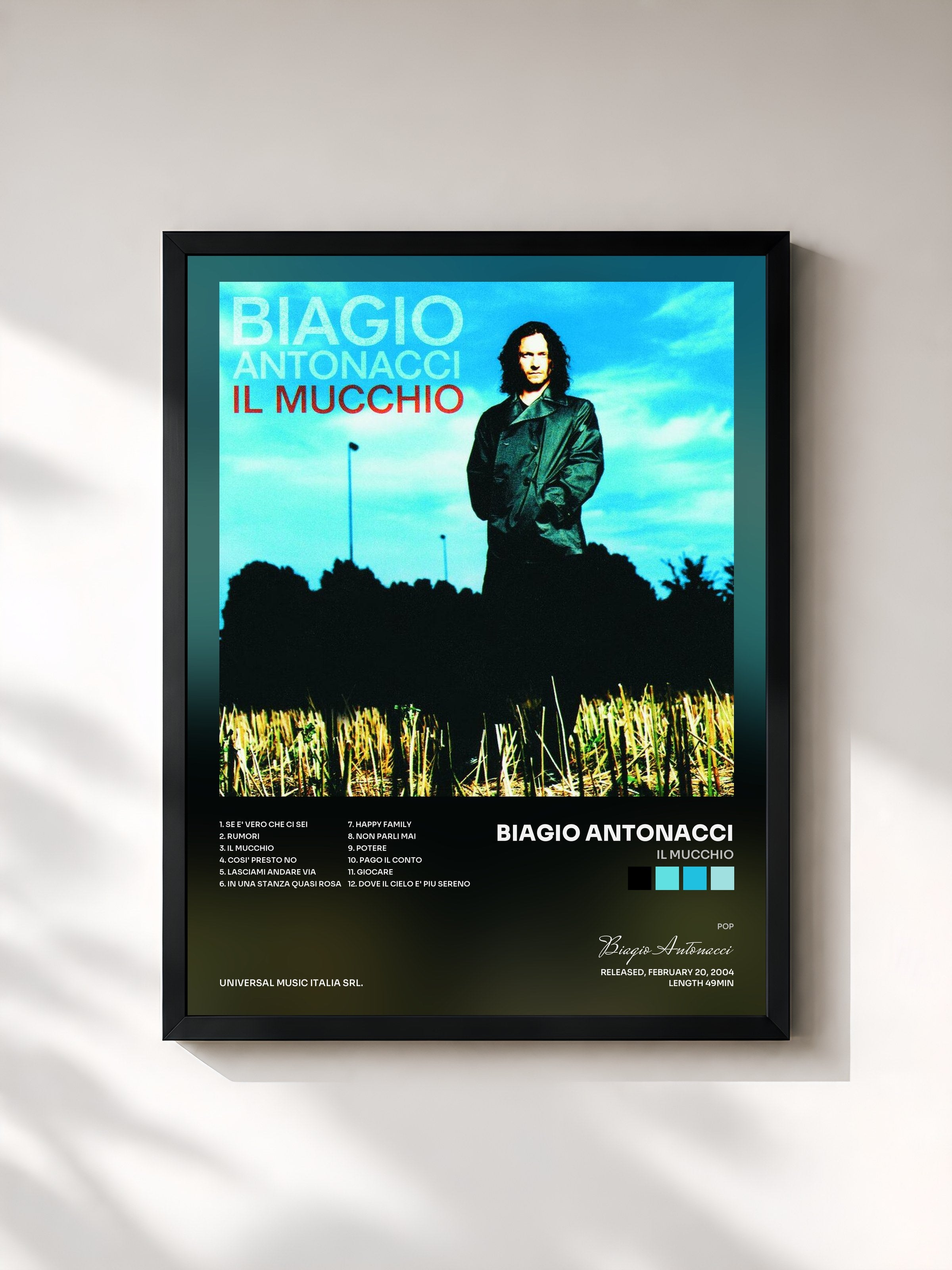 #noir Tableau de l'album Il Mucchio de Biagio Antonacci, cadre noir, imprimé et encadré en France