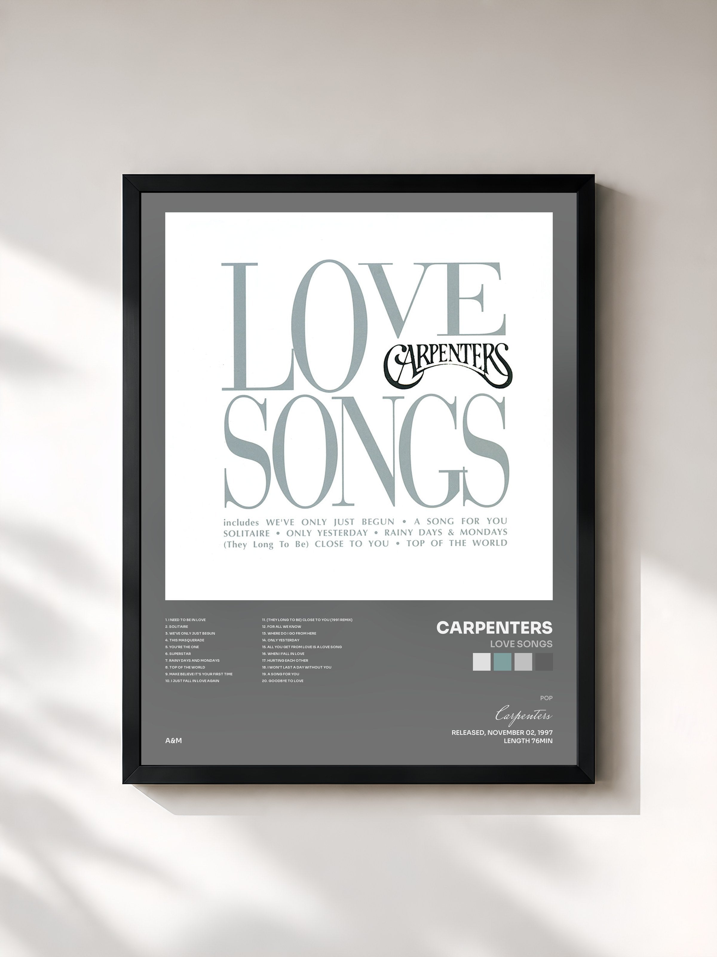 #noir Tableau de l'album Love Songs de Carpenters, cadre noir, imprimé et encadré en France