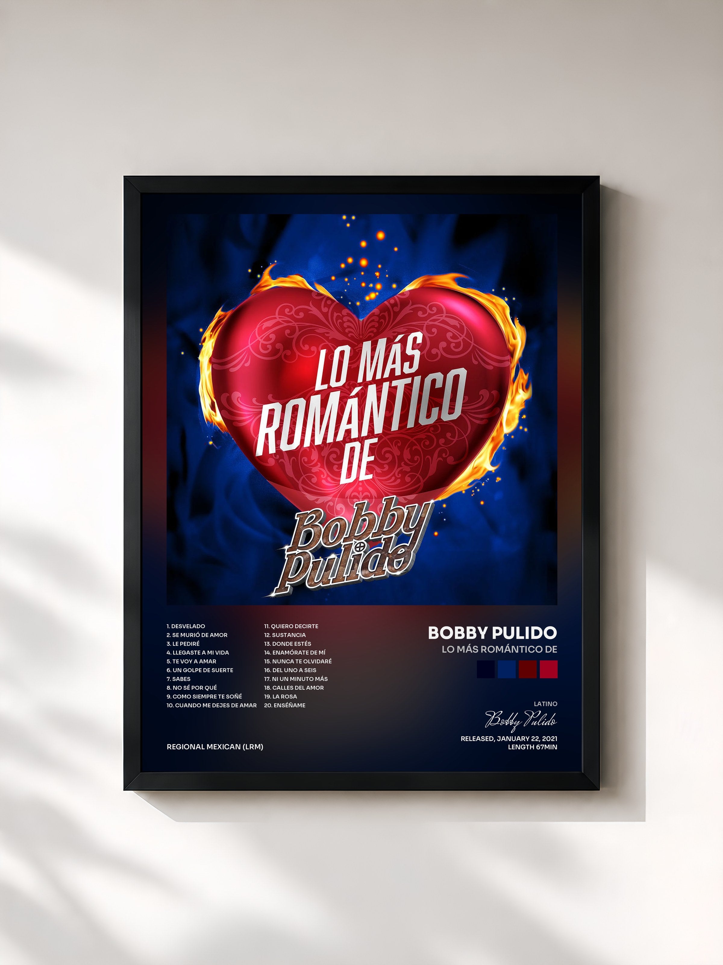 #noir Tableau de l'album Lo Más Romántico De de Bobby Pulido, cadre noir, imprimé et encadré en France