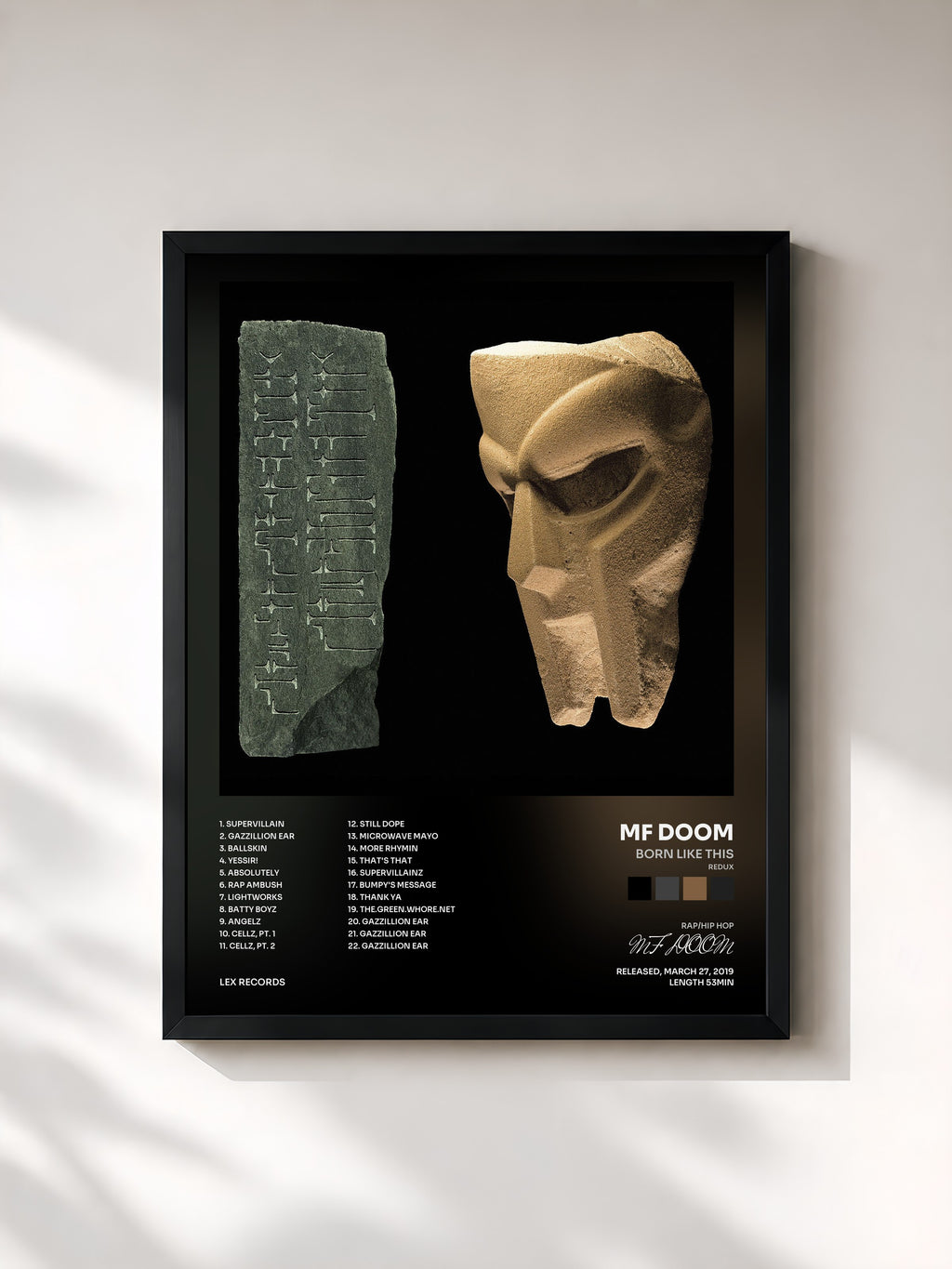#noir Tableau de l'album BORN LIKE THIS (Redux) de MF DOOM, cadre noir, imprimé et encadré en France