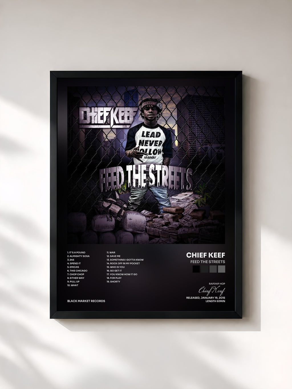 #noir Tableau de l'album Feed The Streets de Chief Keef, cadre noir, imprimé et encadré en France