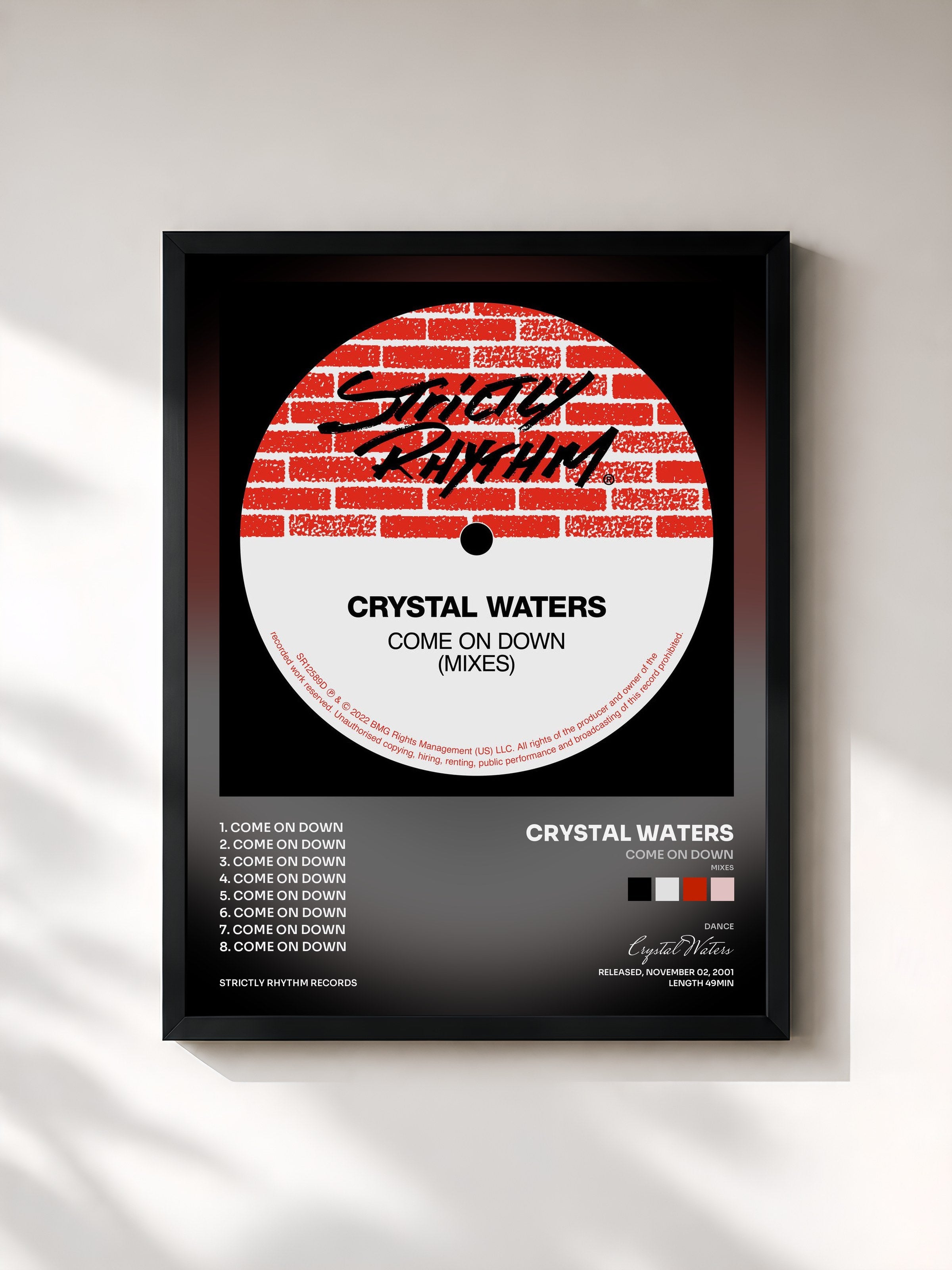 #noir Tableau de l'album Come On Down (Mixes) de Crystal Waters, cadre noir, imprimé et encadré en France