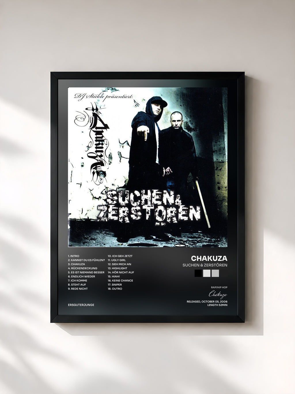 #noir Tableau de l'album Suchen & Zerstören de Chakuza, cadre noir, imprimé et encadré en France