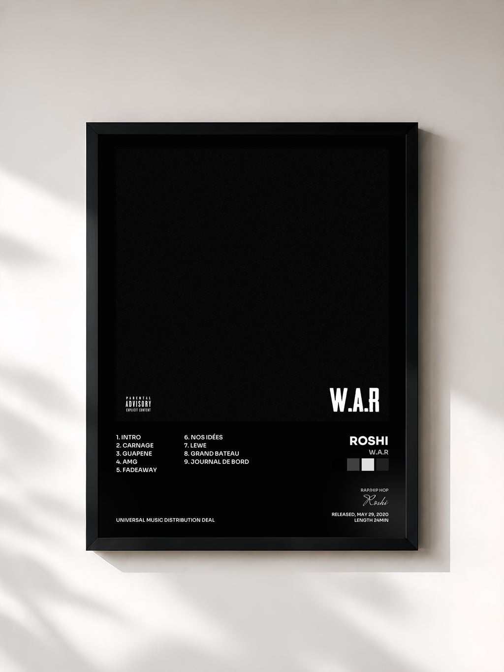 #noir Tableau de l'album W.A.R de Roshi, cadre noir, imprimé et encadré en France
