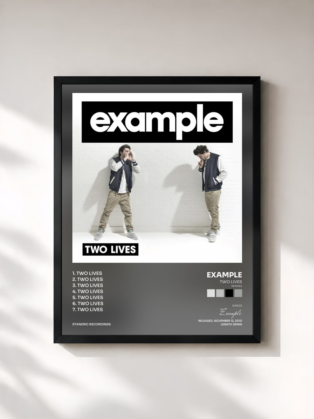 #noir Tableau de l'album Two Lives (Remixes) de Example, cadre noir, imprimé et encadré en France