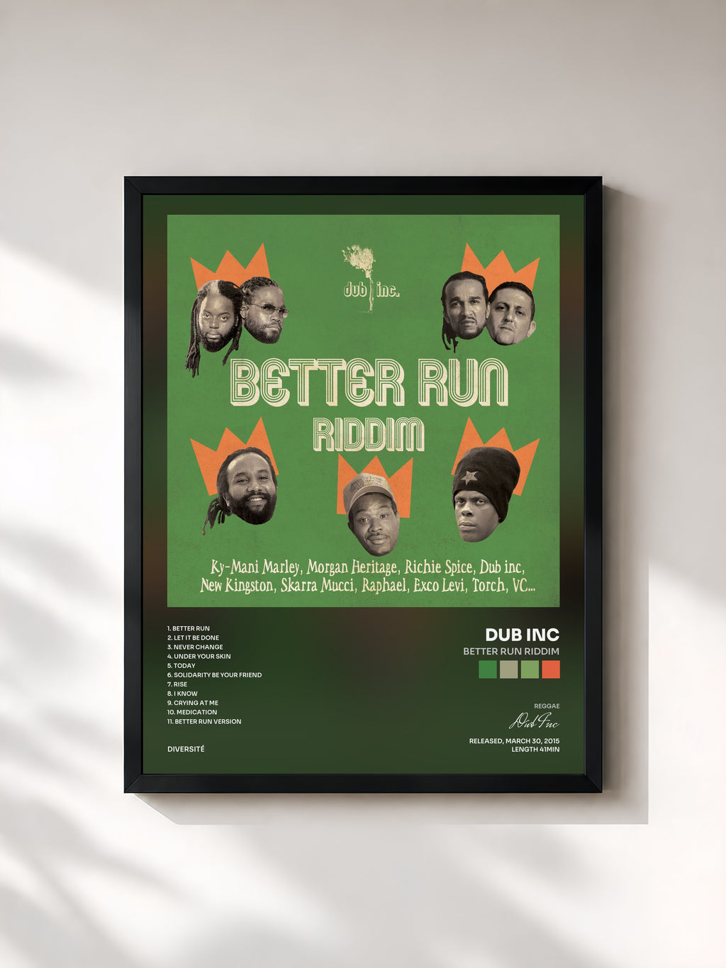 #noir Tableau de l'album Better Run Riddim de Dub Inc, cadre noir, imprimé et encadré en France