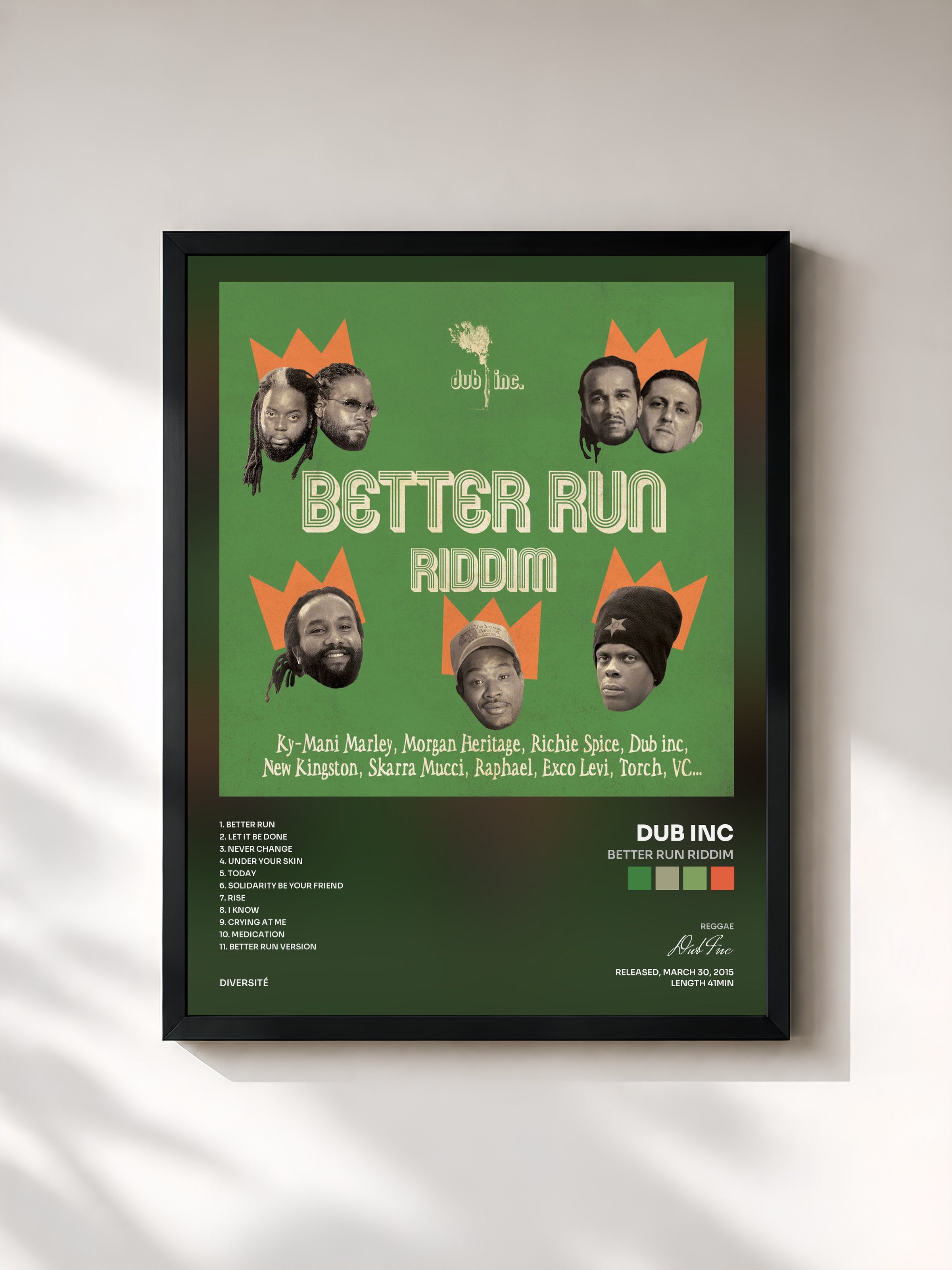 #noir Tableau de l'album Better Run Riddim de Dub Inc, cadre noir, imprimé et encadré en France