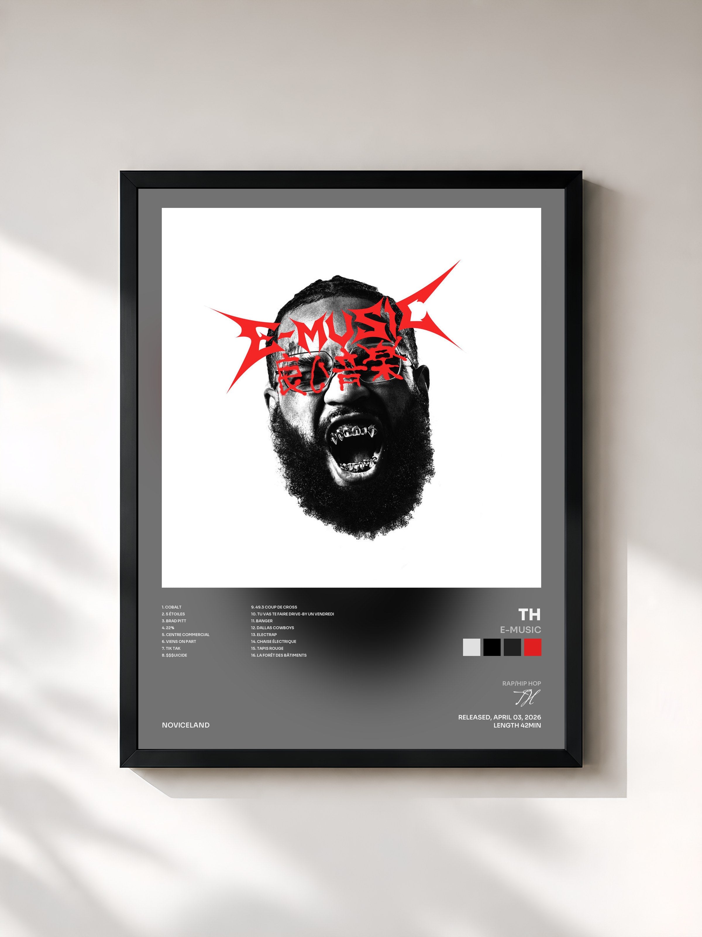 #noir Tableau de l'album E-MUSIC de TH, cadre noir, imprimé et encadré en France