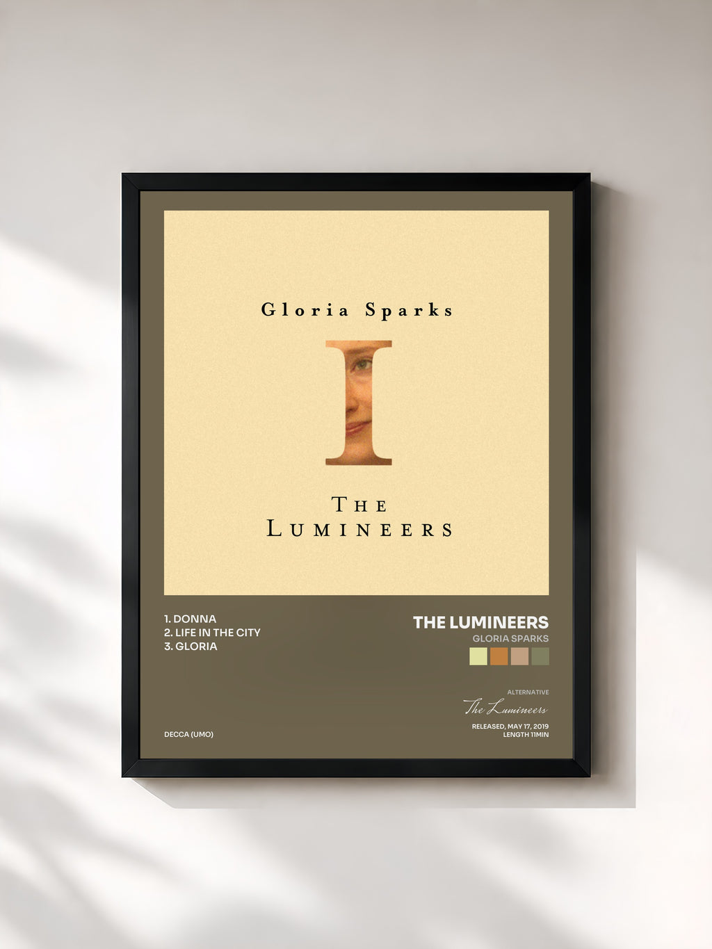 #noir Tableau de l'album Gloria Sparks de The Lumineers, cadre noir, imprimé et encadré en France